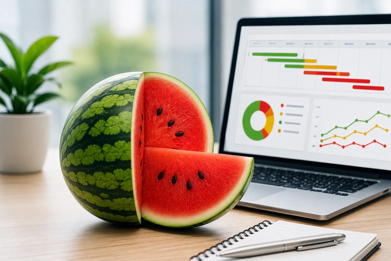 Aufgeschnittene Wassermelone vor einem Laptop mit Projektstatus-Dashboard als Symbol für den Wassermelonen-Effekt im Projektmanagement.