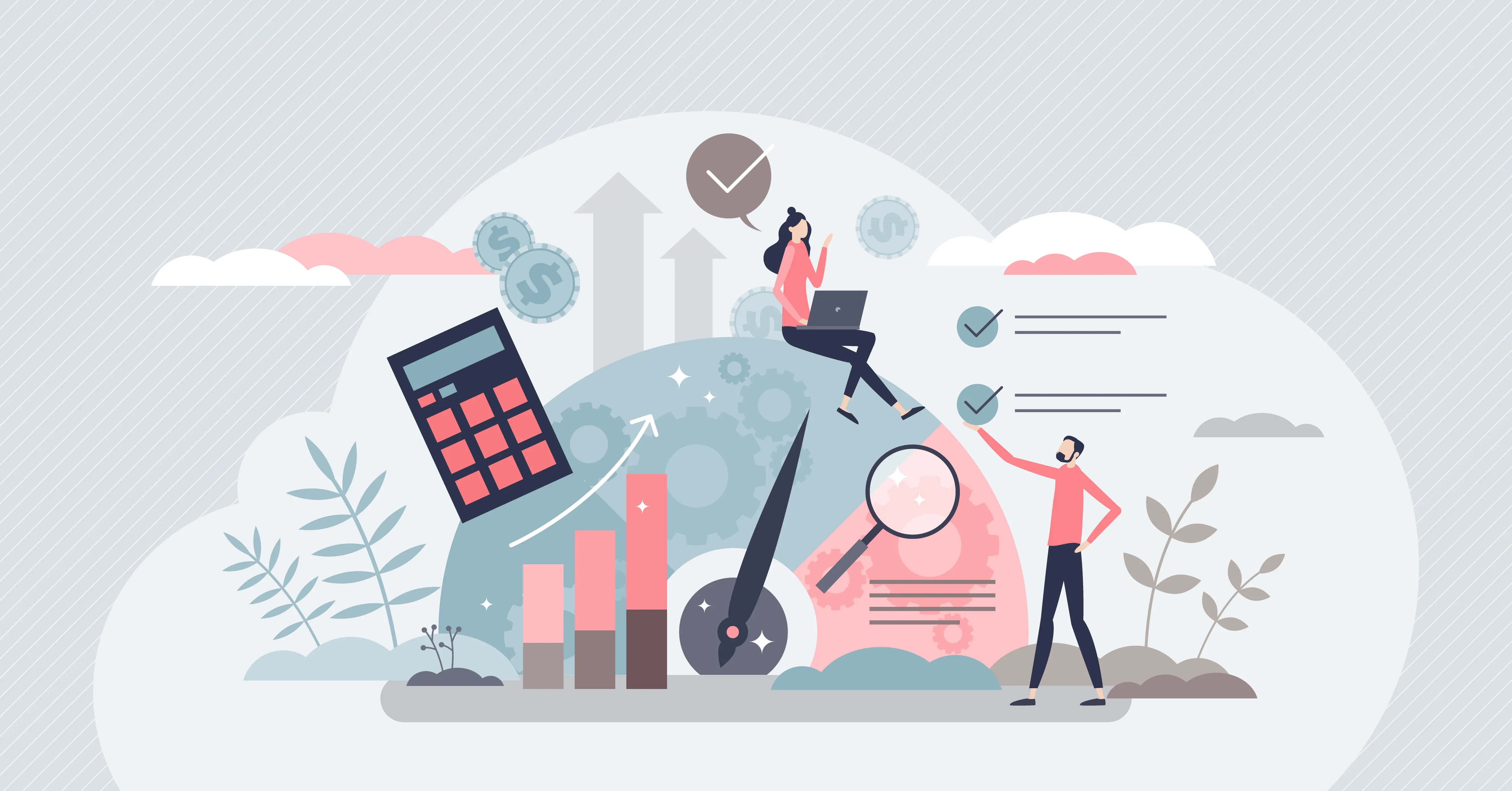 llustration zu Business Analytics: Menschen analysieren Checklisten, Diagramme und Kennzahlen zur Leistungsoptimierung und Produktivitätssteigerung