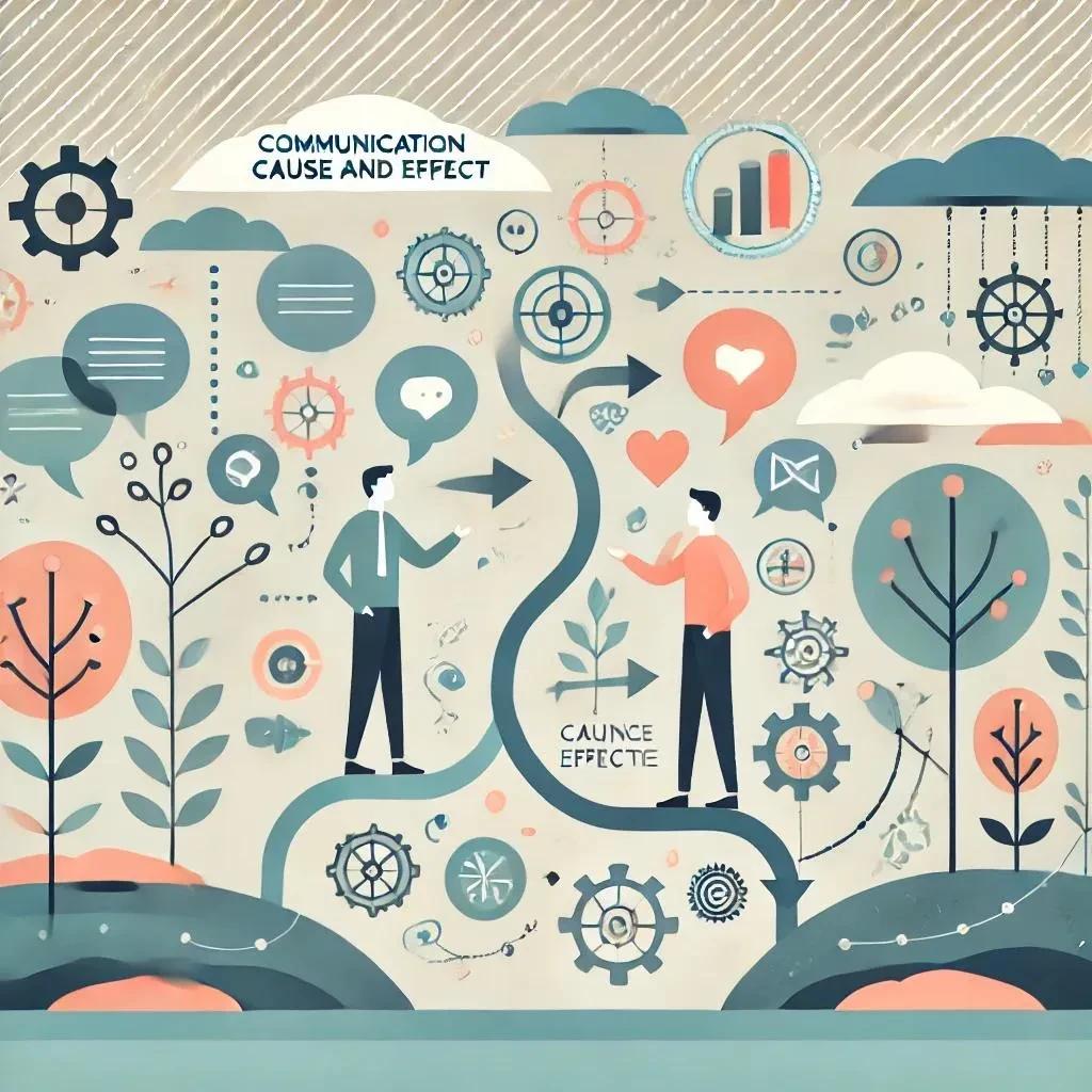 Illustration zur Kommunikation: Zwei Personen tauschen Ideen entlang eines symbolischen Pfads aus – Ursache und Wirkung im Dialog visualisiert.