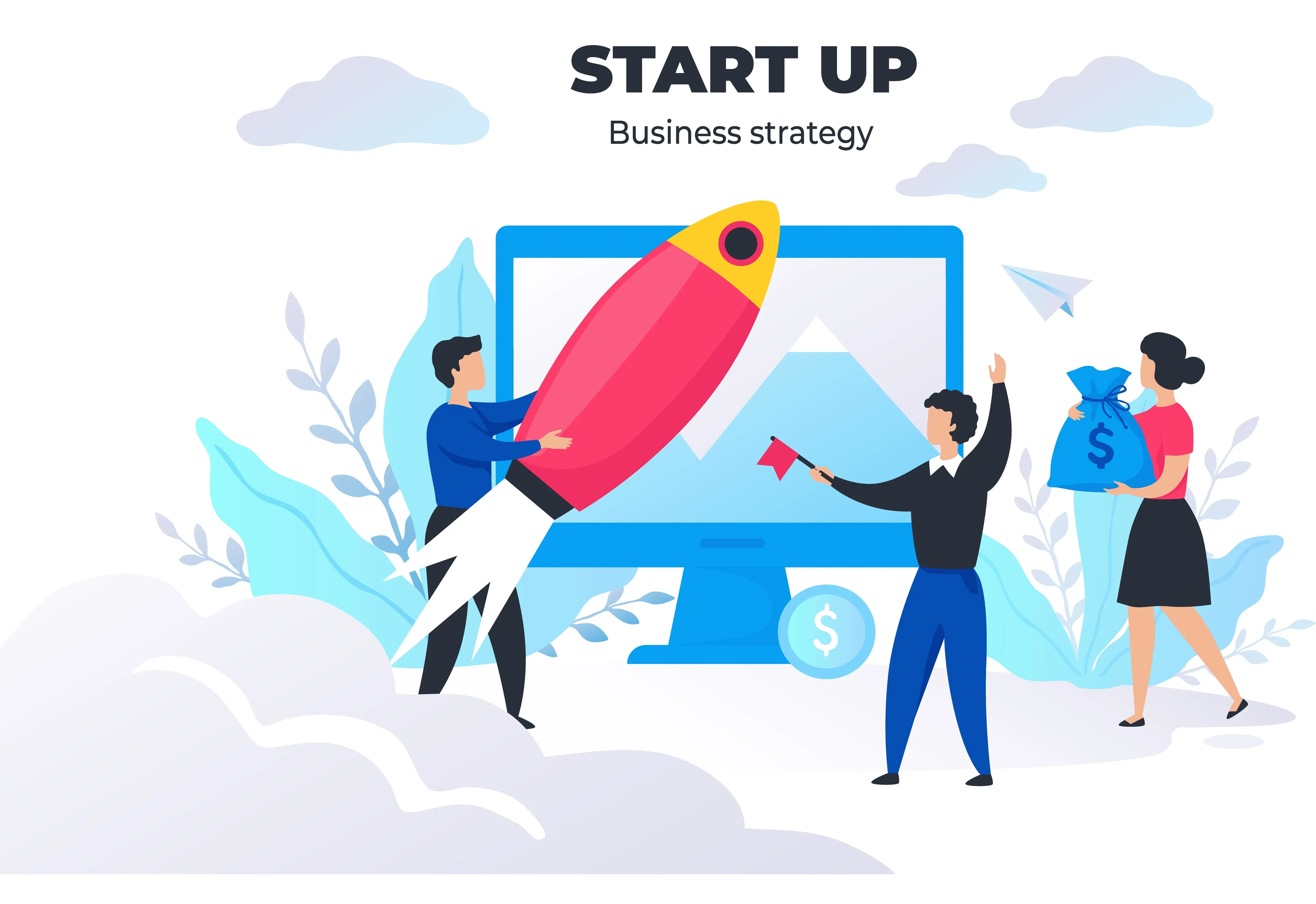Start-up-Illustration mit Rakete, Monitor und Geldsack – Symbol für Unternehmensgründung, Businessstrategie und Finanzierung