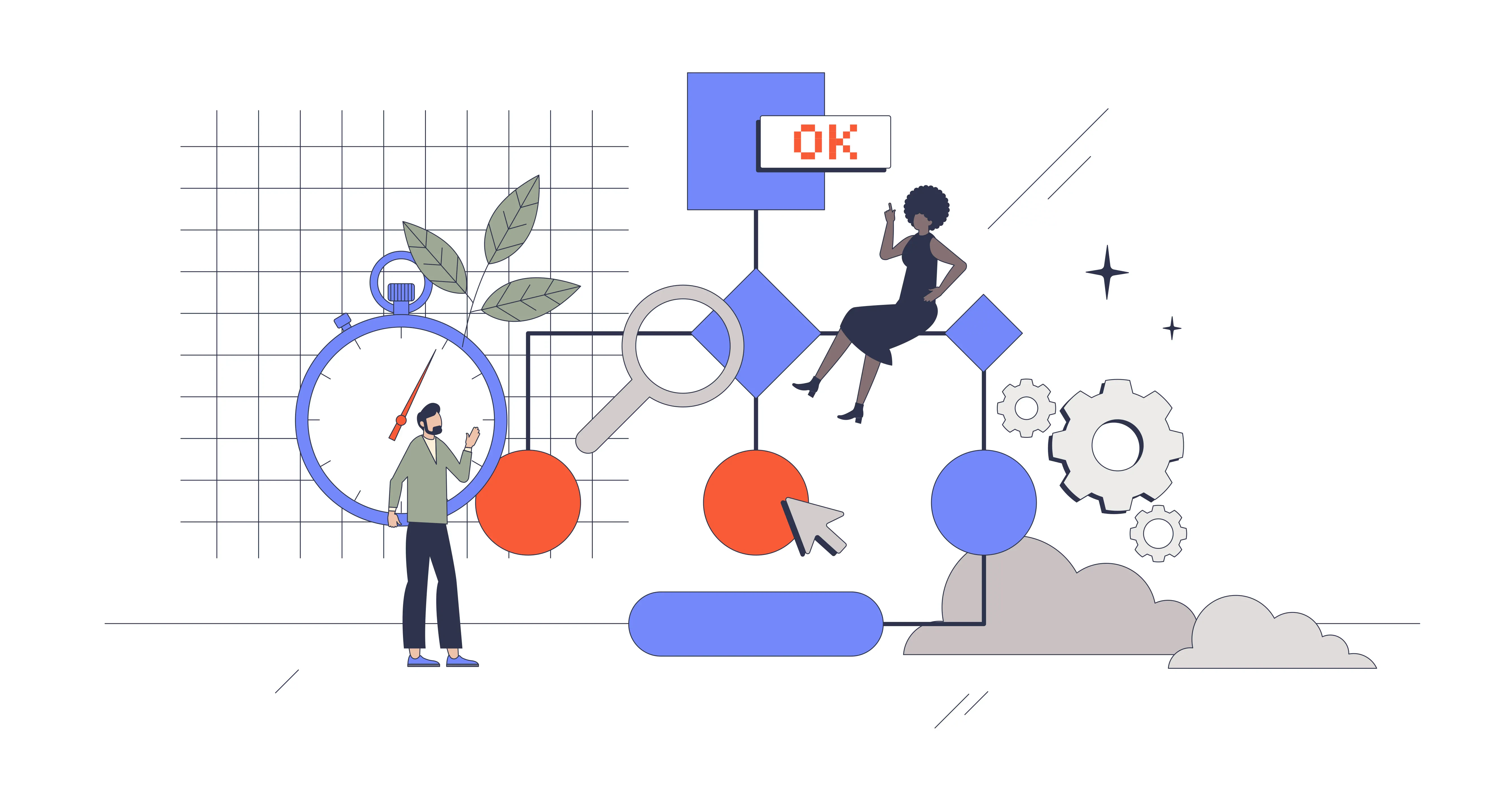 Illustration zu Produktivität und Technologie: Stoppuhr, Zahnräder, Mauszeiger und Personen symbolisieren Zeitmanagement, Analyse und digitale Prozesse