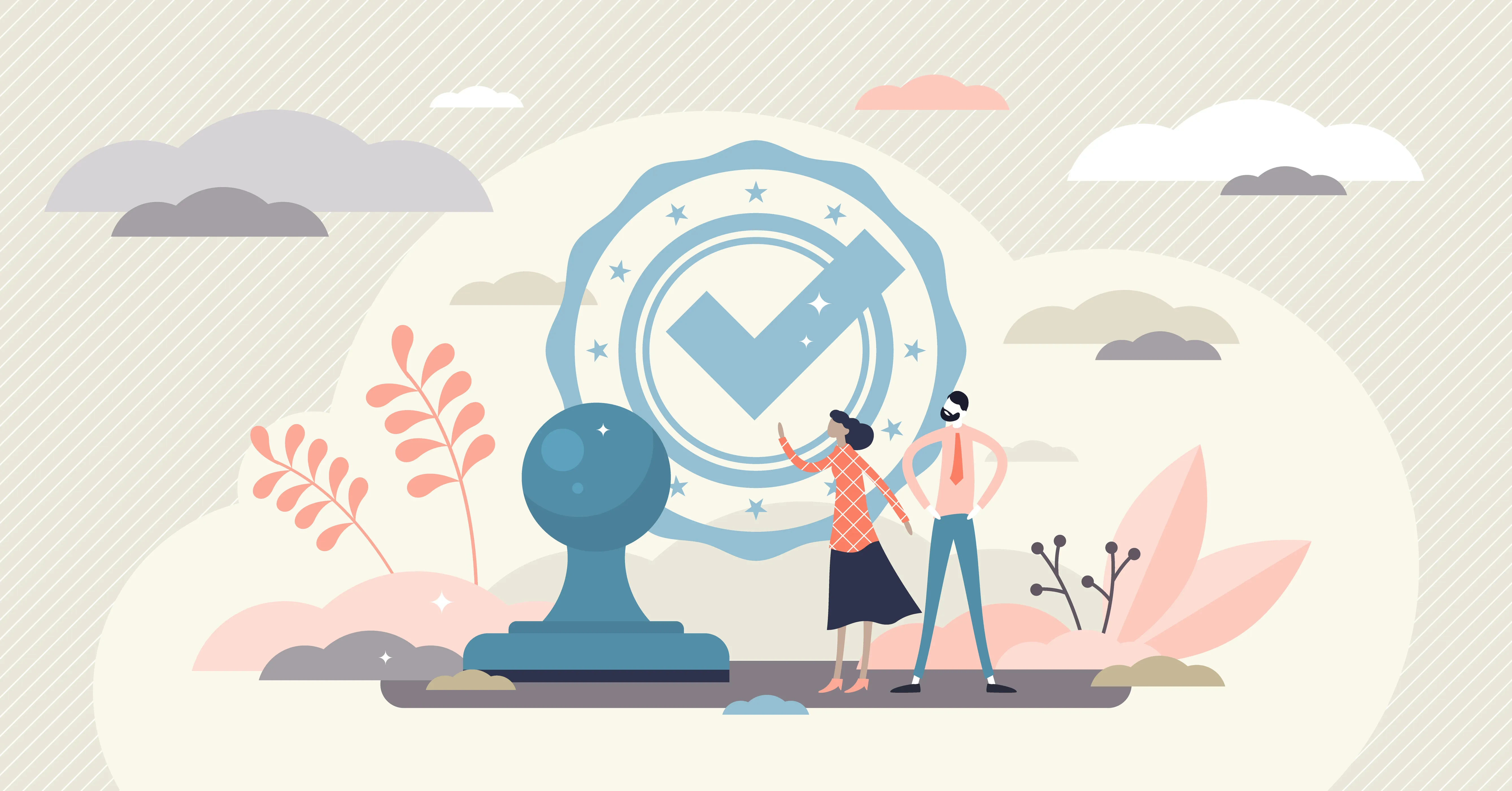 Illustration mit Checkmark-Emblem, zwei Personen und Schachfigur – Symbol für Qualitätssicherung, Zertifizierung und strategische Zielerreichung