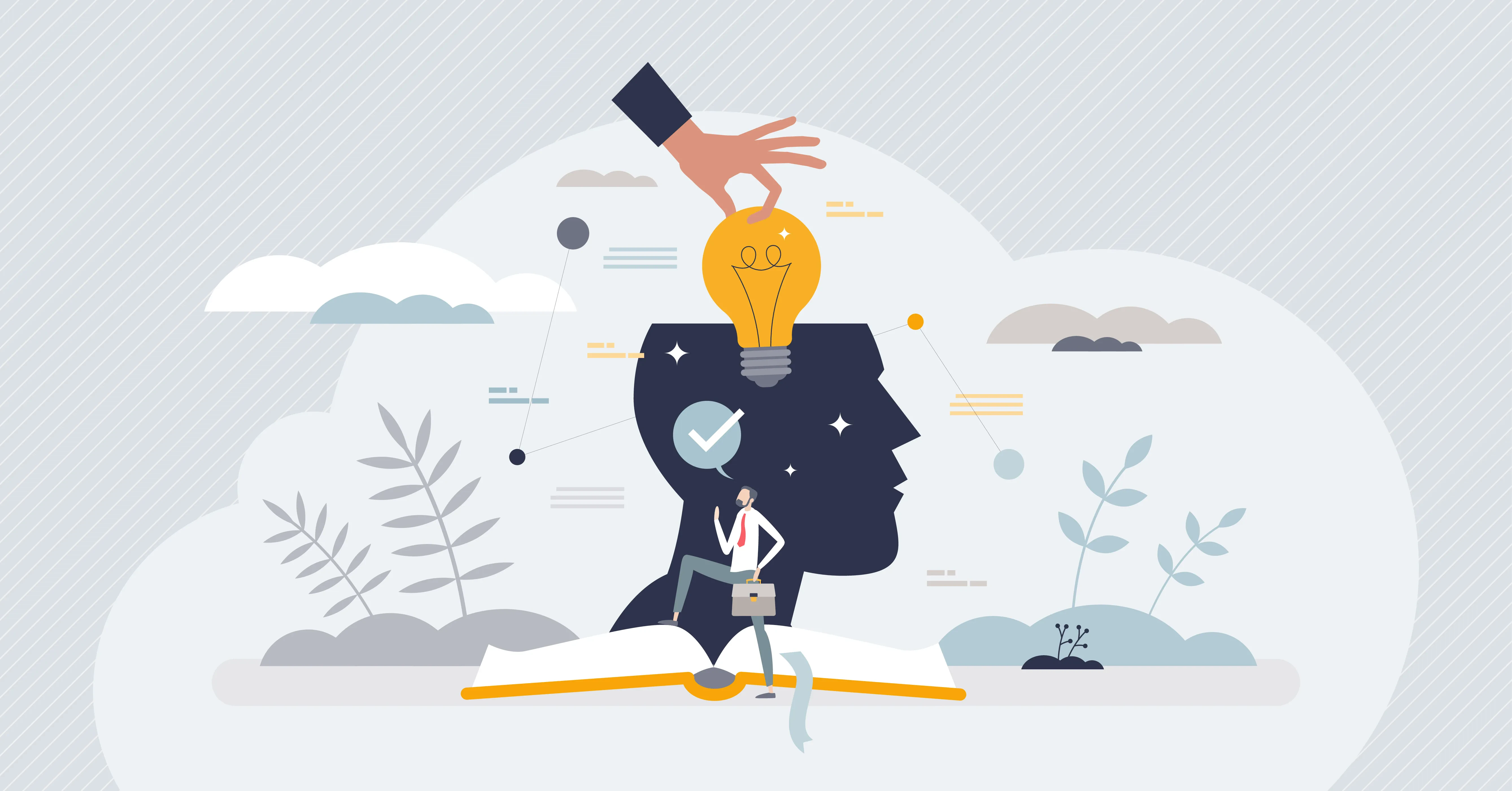 Illustration zur Wissensvermittlung: Hand setzt Glühbirne in Kopf-Silhouette mit Zahnrädern – Symbol für Lernen, Ideenfindung und Innovation