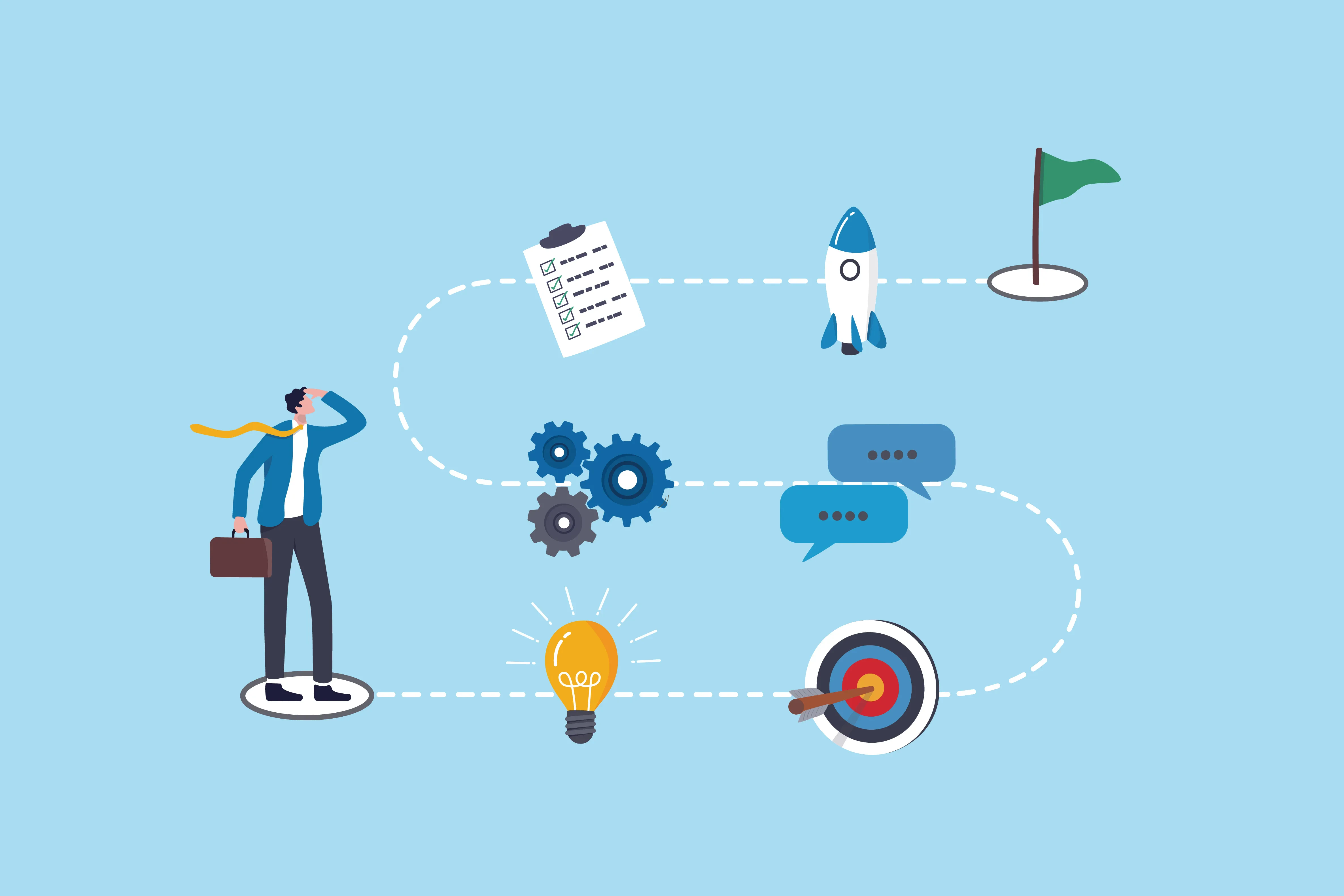 Illustration eines Geschäftsmanns mit Aktenkoffer auf einem symbolischen Projektpfad – mit Checkliste, Zahnrädern, Rakete, Kommunikation, Glühbirne und Zielscheibe