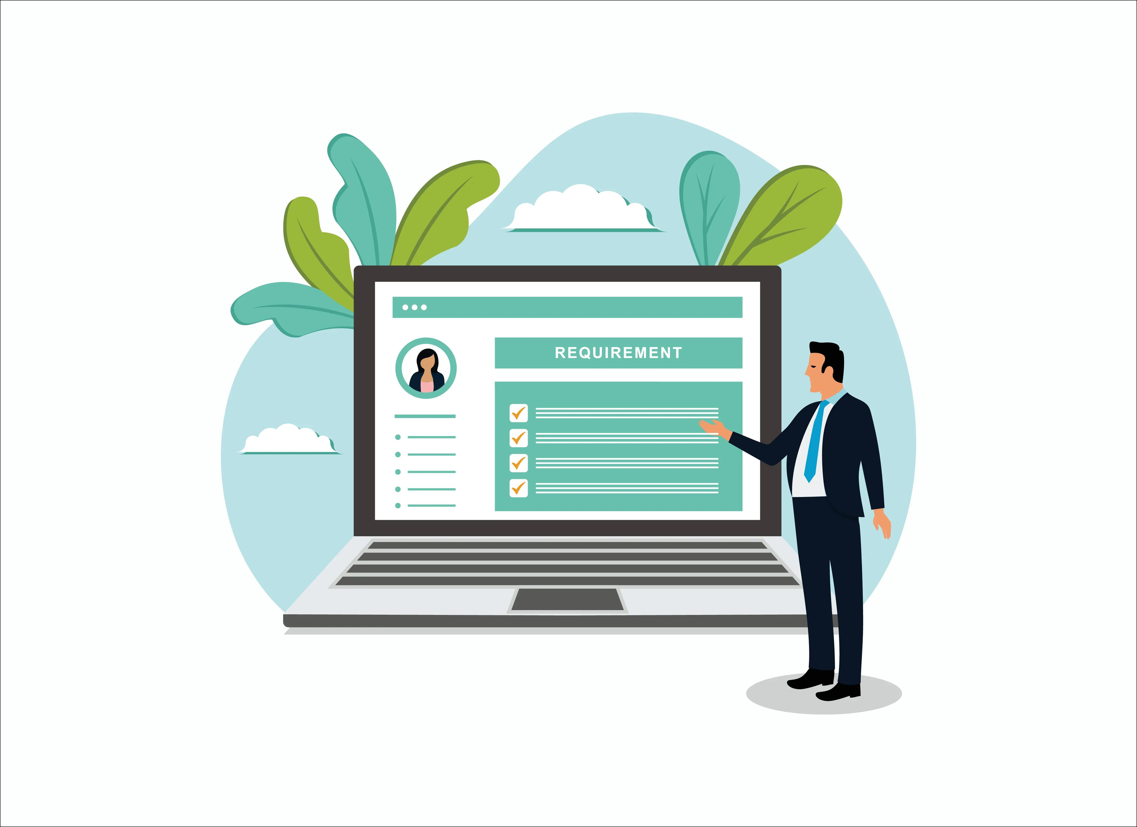 Illustration eines Geschäftsmanns vor Laptop mit Anforderungs-Checkliste – Symbol für Jobanforderungen, Projektmanagement und digitale Evaluierung