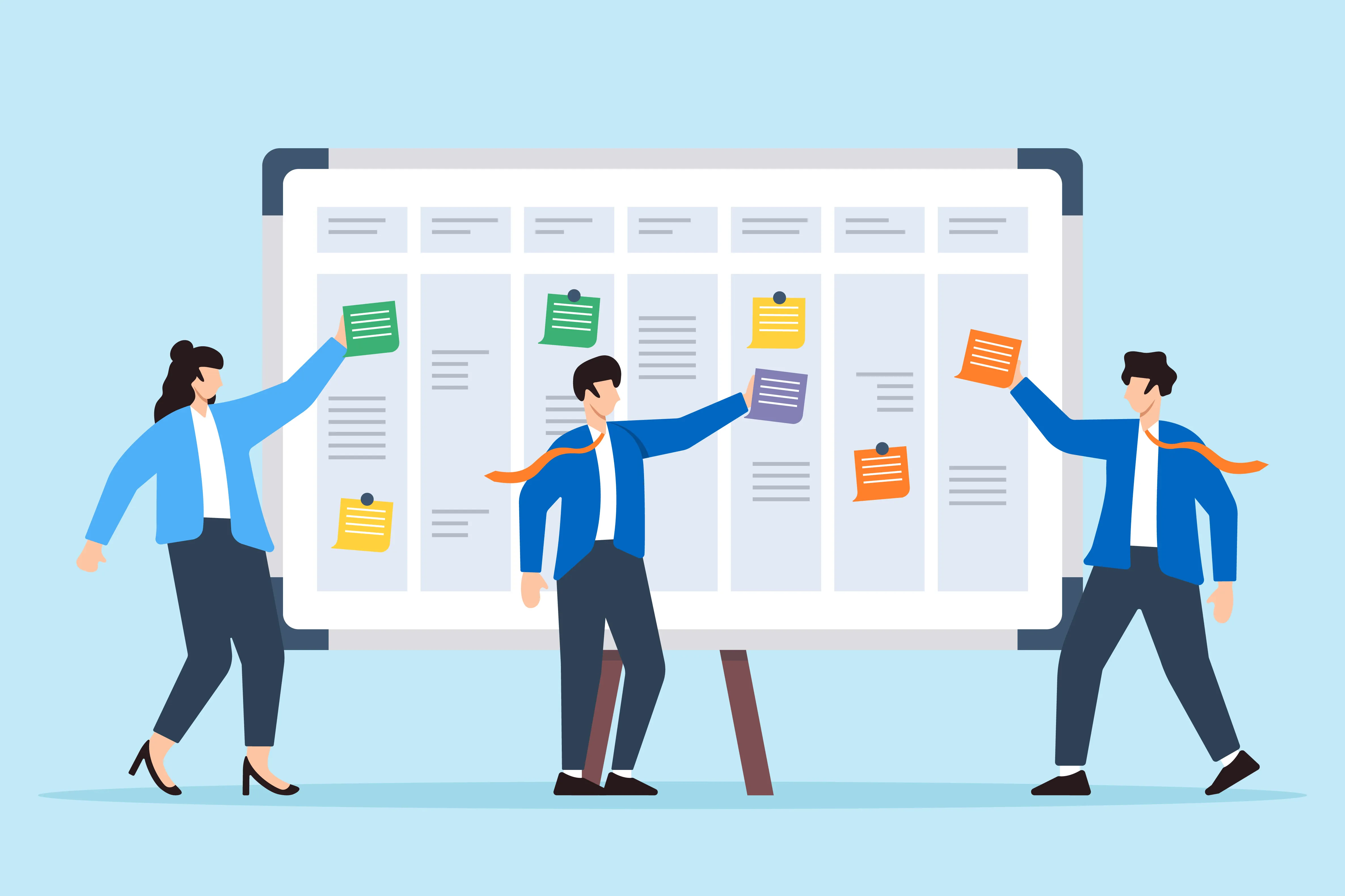 Drei Personen arbeiten gemeinsam an einem digitalen Taskboard mit farbigen Notizzetteln – Symbol für agiles Projektmanagement, Teamarbeit und Organisation