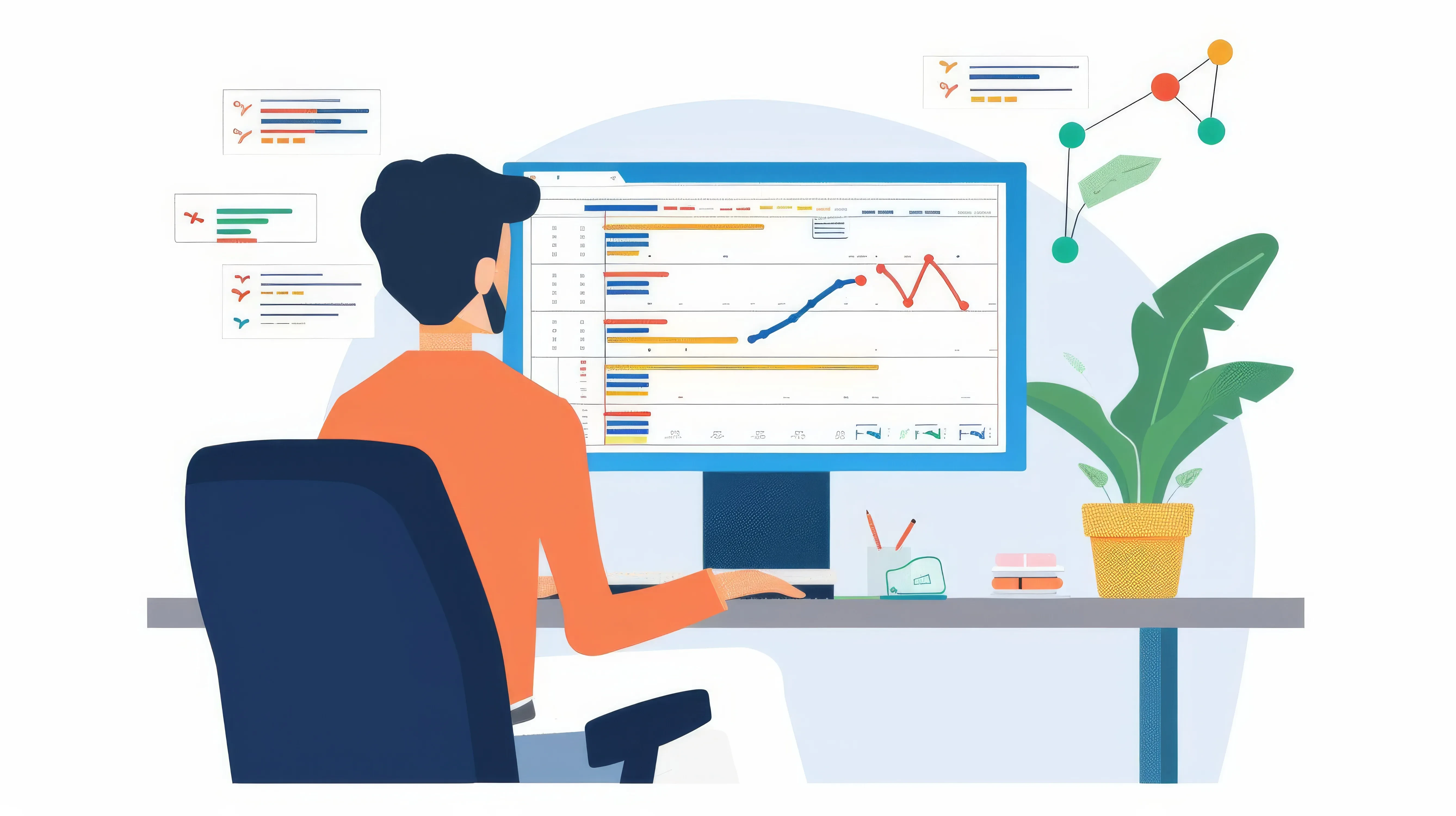 Person analysiert Daten auf großem Monitor mit Diagrammen und Tabellen – Darstellung von Business Intelligence, Performance-Tracking und datengetriebener Arbeit