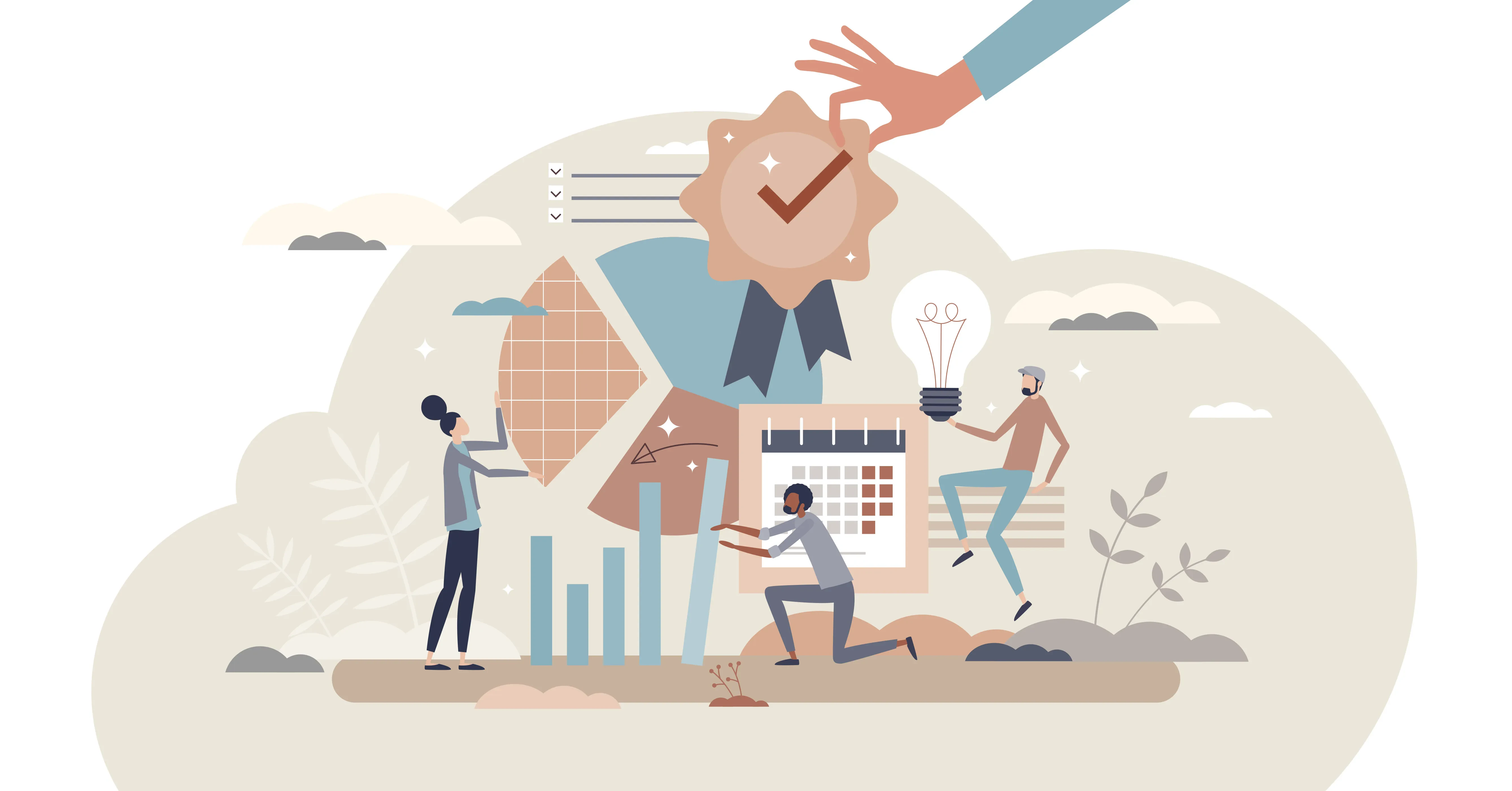 Illustration von Teamarbeit und Erfolg: Personen arbeiten gemeinsam an Diagrammen, Kalender und Ideen – eine Hand verleiht ein Abzeichen mit Haken als Symbol für Anerkennung