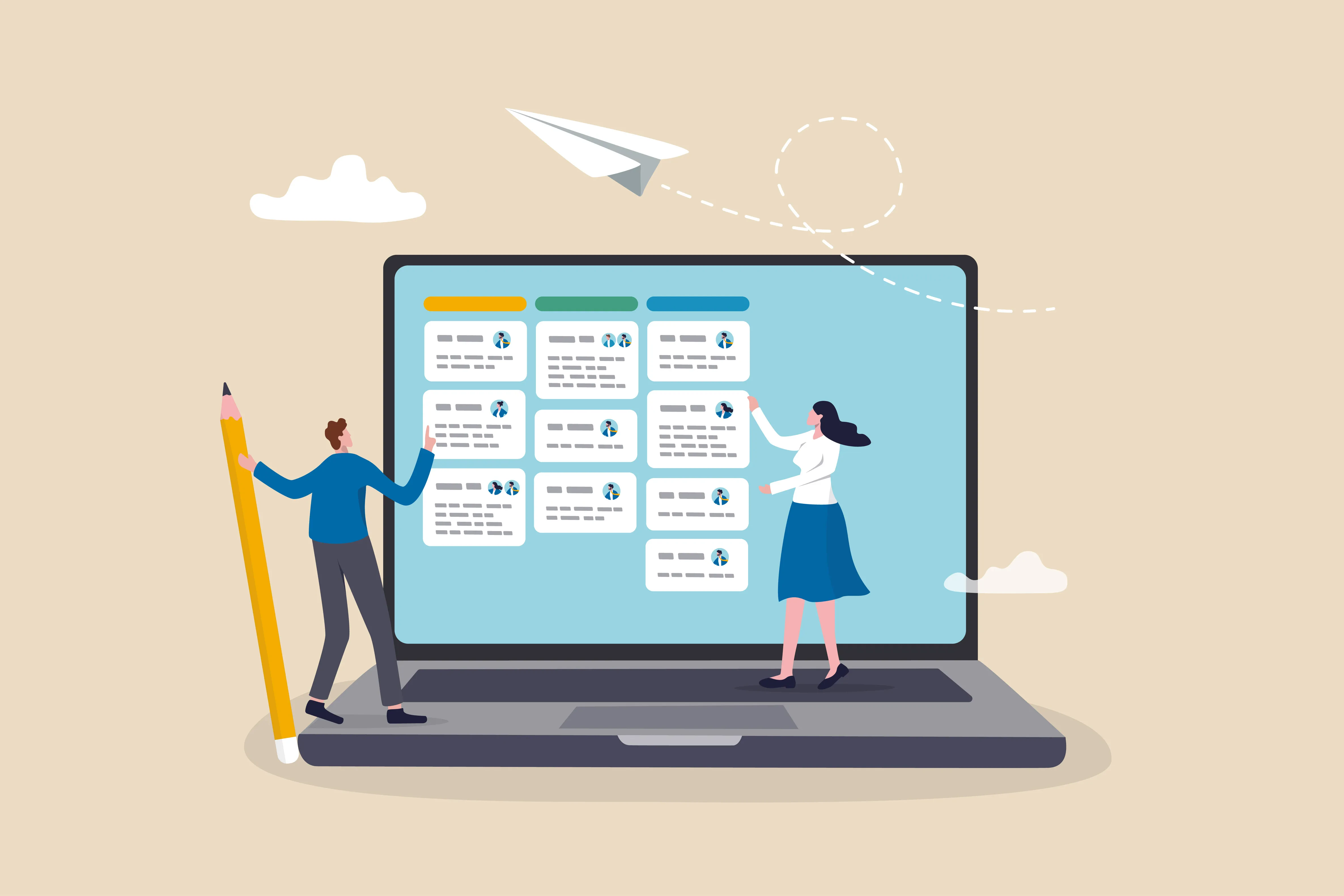 Zwei Personen arbeiten gemeinsam an einem digitalen Workflow-Board auf einem Laptop – Darstellung von Projektplanung, Aufgabenmanagement und Teamkommunikation
