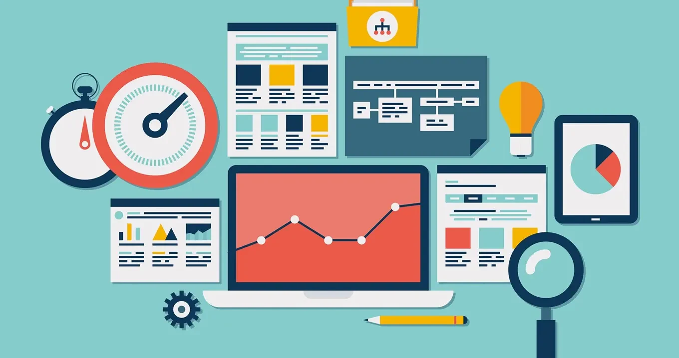 Illustration mit Laptop, Diagrammen, Icons und Analysewerkzeugen – Darstellung von digitaler Datenanalyse, Projektmanagement und Business Intelligence