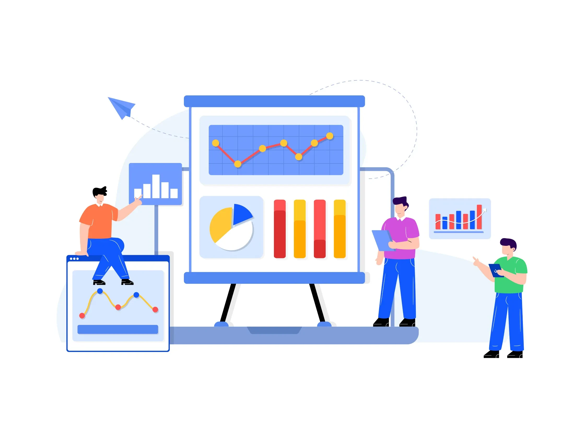 Drei Personen analysieren Diagramme auf Präsentationsflächen – Darstellung von Teamarbeit, Datenanalyse und Business Reporting mit Balken-, Linien- und Kreisdiagrammen