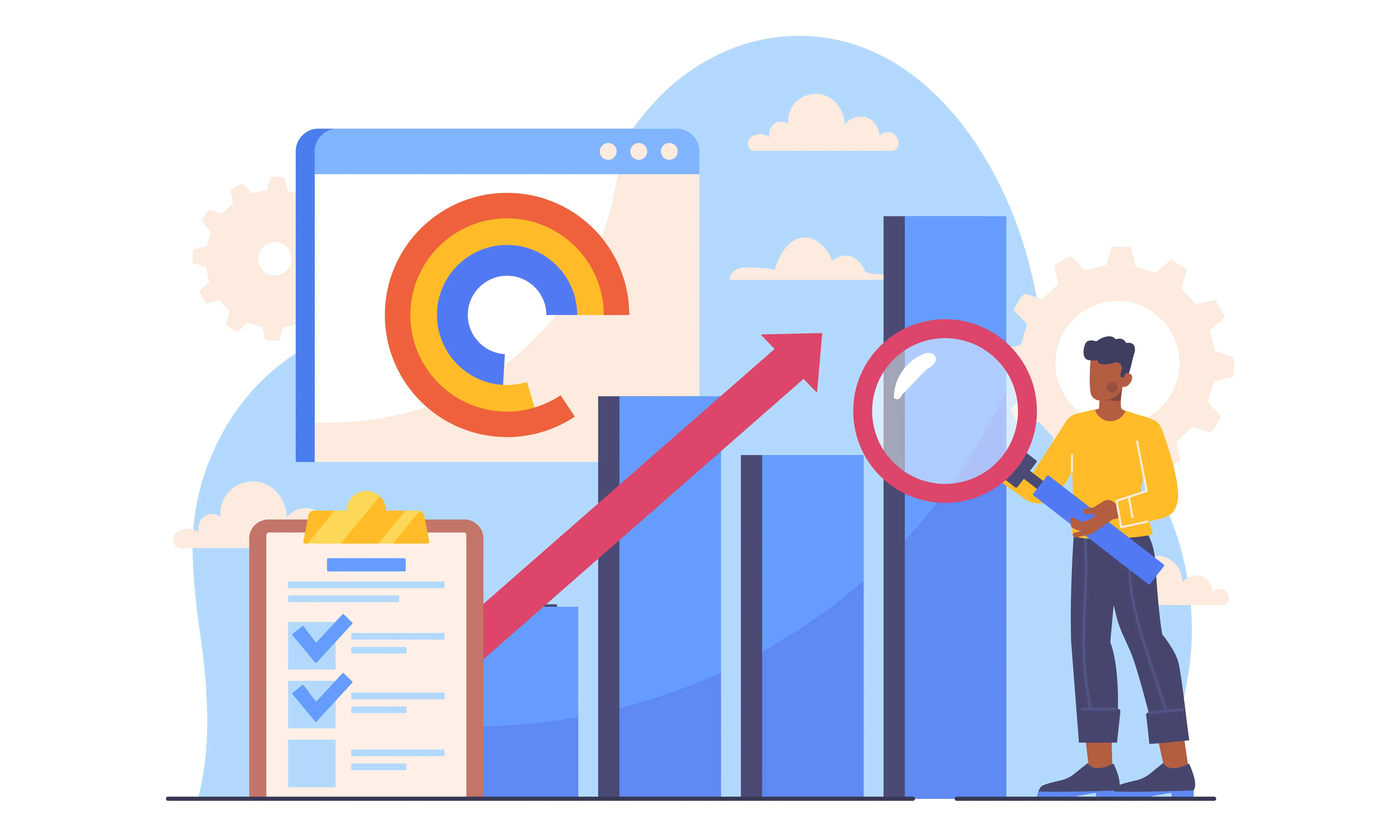 Illustration zur Datenanalyse und Geschäftswachstum: Person mit Lupe vor Balkendiagramm und Aufwärtspfeil – Symbole für Planung, Erfolg und Visualisierung