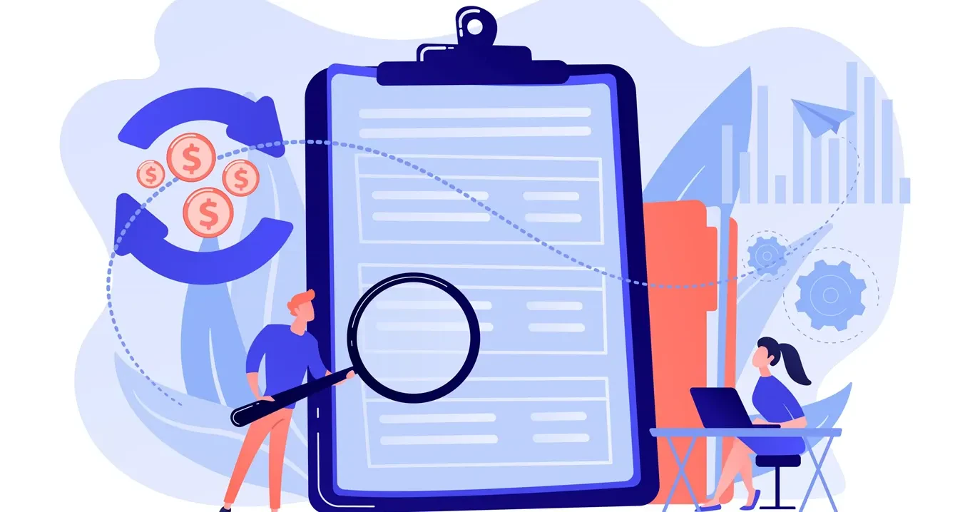 Illustration mit großem Klemmbrett, Lupe und Personen bei der Analyse von Dokumenten – Fokus auf Finanzprüfung, Reporting und Geschäftsprozesse