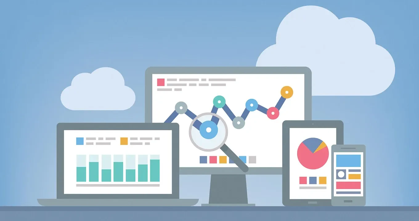 Illustration mit Laptop, Tablet, Smartphone und Monitor, die verschiedene Diagramme und Charts zeigen – Fokus auf Datenanalyse über mehrere Geräte