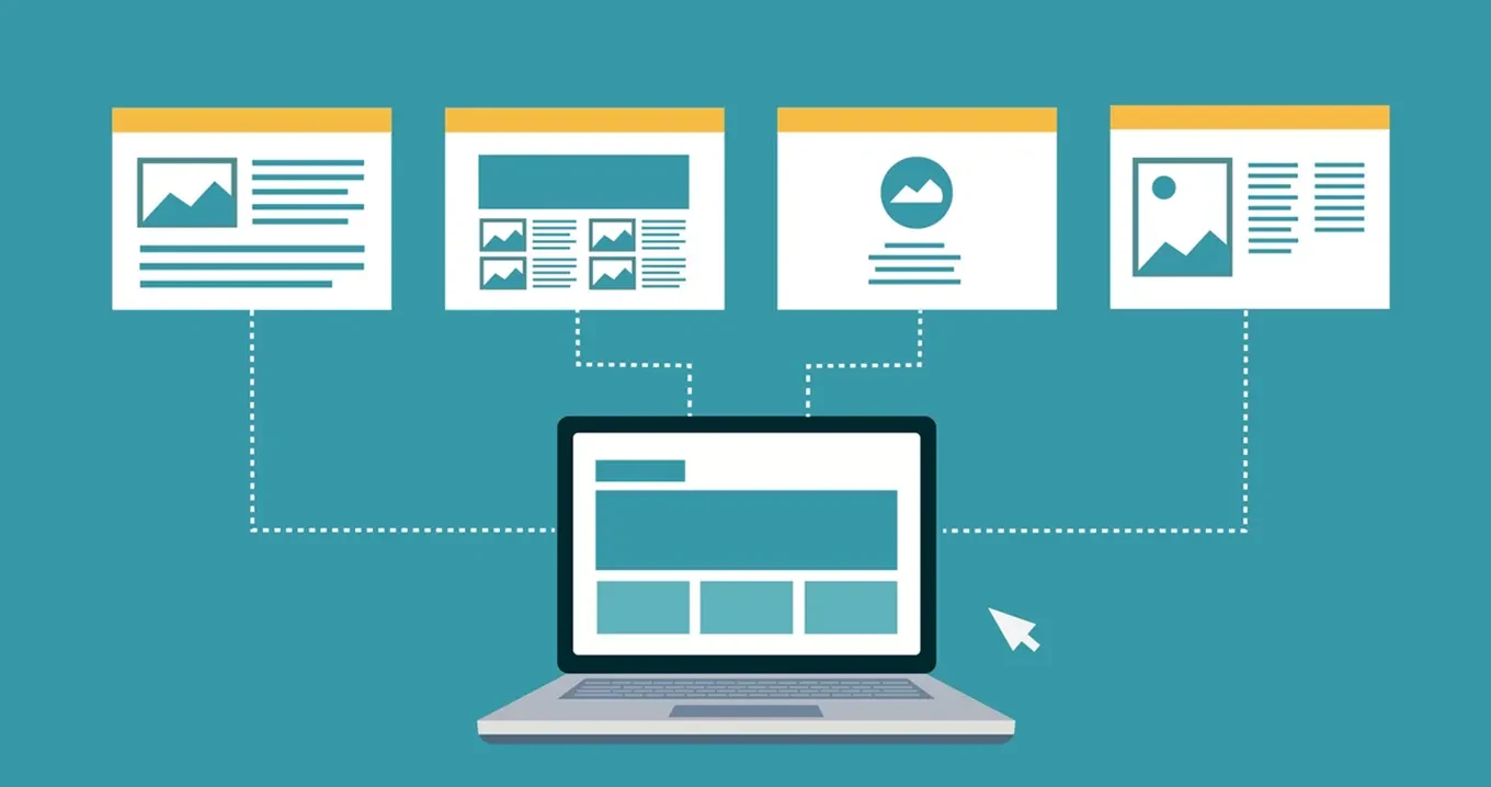Illustration mit Laptop und mehreren verbundenen Webseiten-Templates – Darstellung von Webdesign, Content-Management und Layout-Auswahl