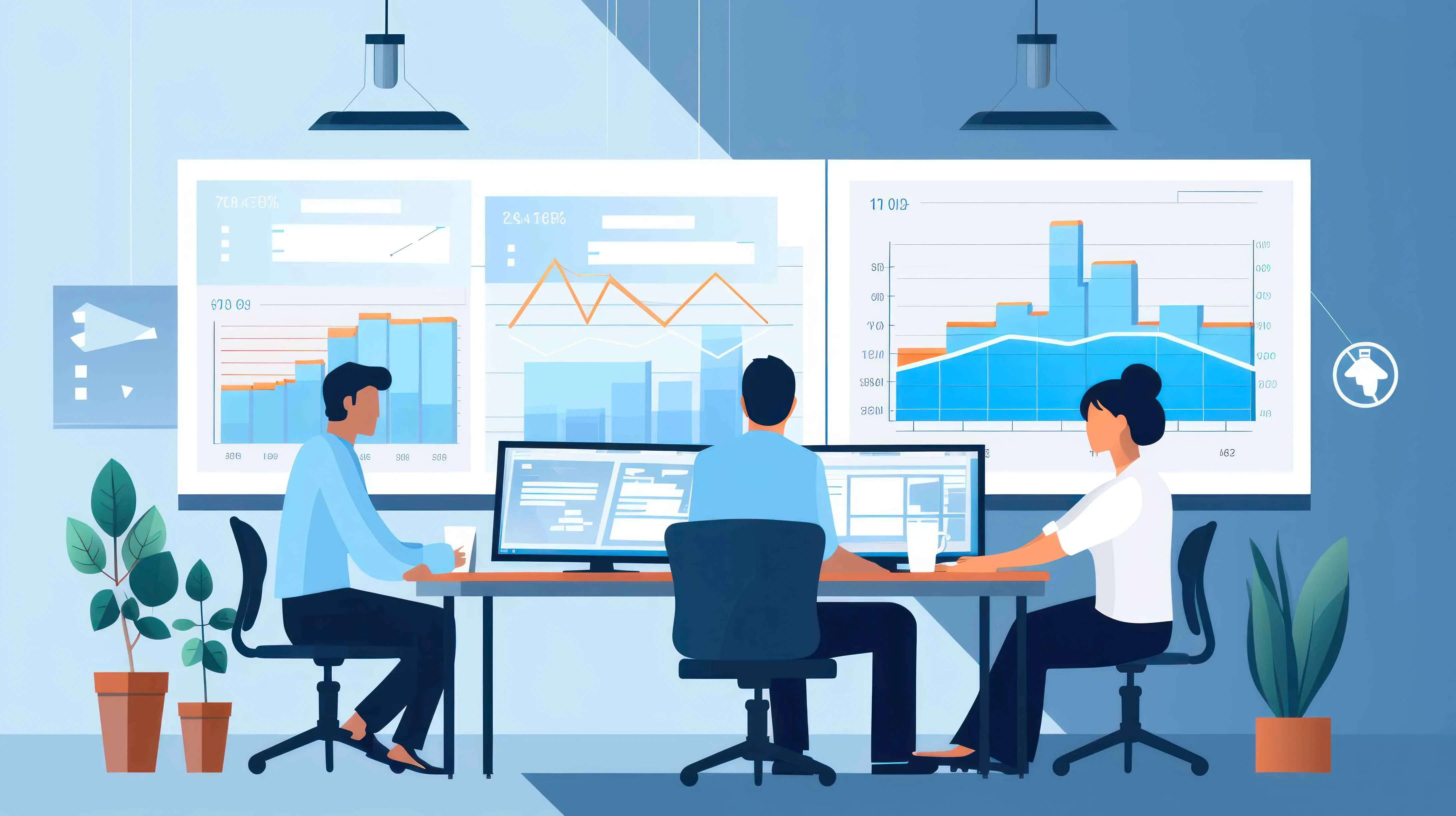 Drei Personen arbeiten an Schreibtischen mit Monitoren, große Wanddisplays zeigen Diagramme und Charts – Fokus auf Datenanalyse und Business Intelligence