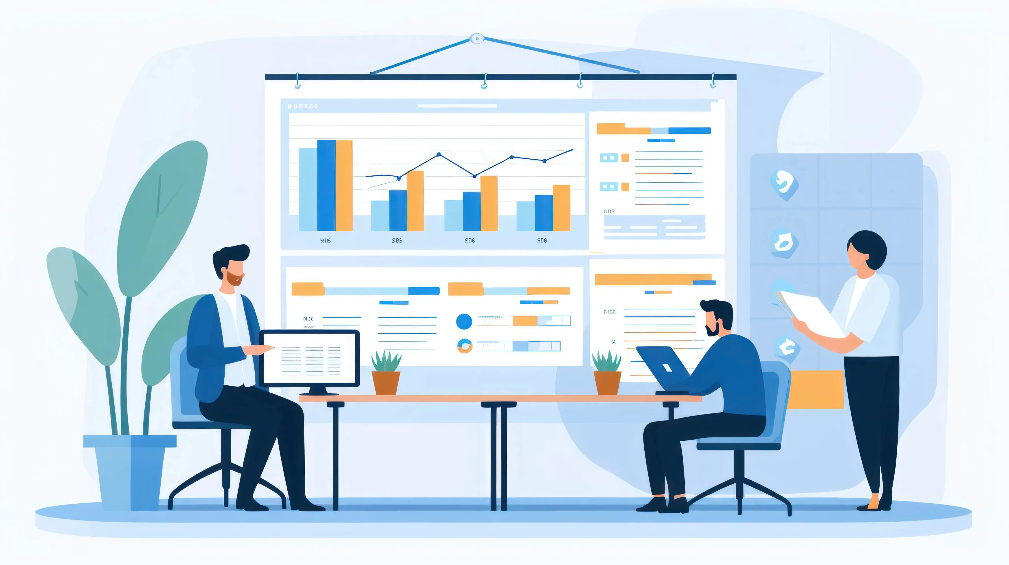 Drei Personen in modernem Büro vor großem Bildschirm mit Diagrammen und Charts – Fokus auf Teamarbeit, Datenanalyse und Business-Strategie