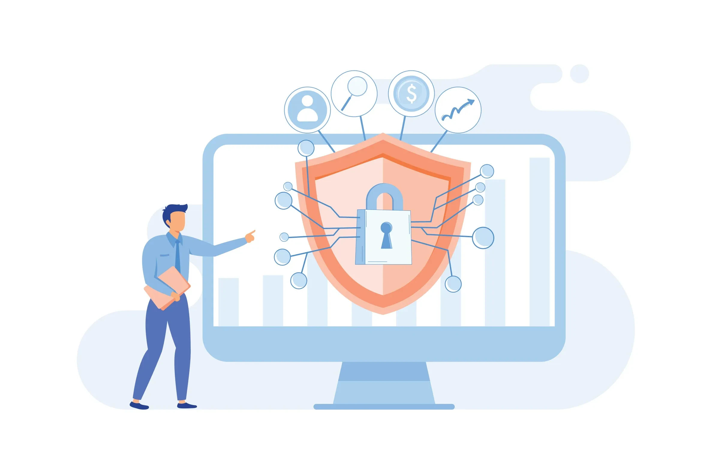 Illustration mit Person neben großem Monitor mit Sicherheitssymbolen – Fokus auf Datenschutz, Cybersecurity und Informationssicherheit