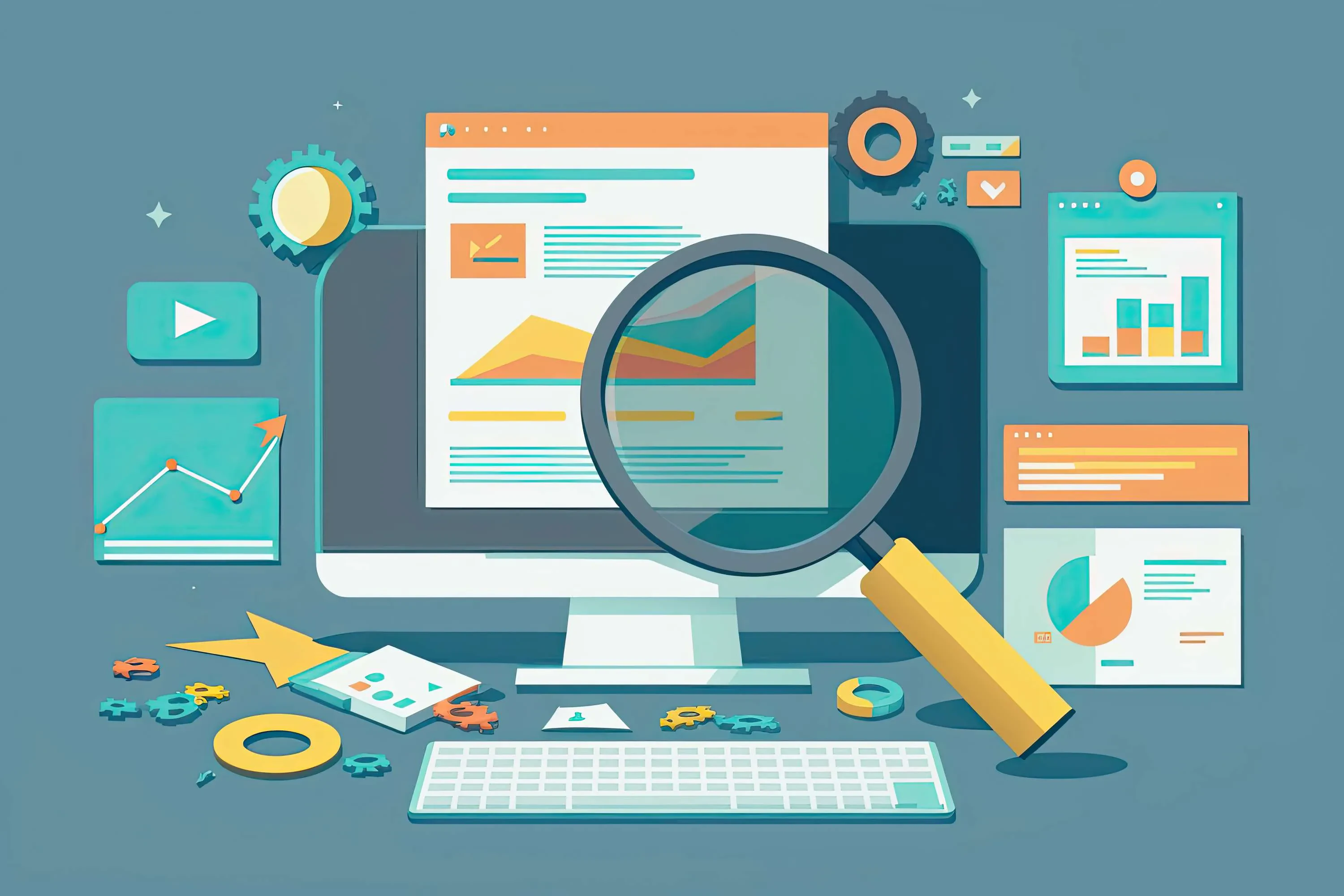 Illustration mit Arbeitsplatz und großem Monitor, Lupe hebt Diagramme und Charts hervor – Fokus auf Datenanalyse und Web-Analytics