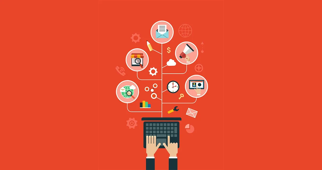 Illustration mit Person an Tastatur, über der Symbole für E-Mail, Suche, Design, Finanzen, Datenanalyse und Cloud vernetzt dargestellt sind