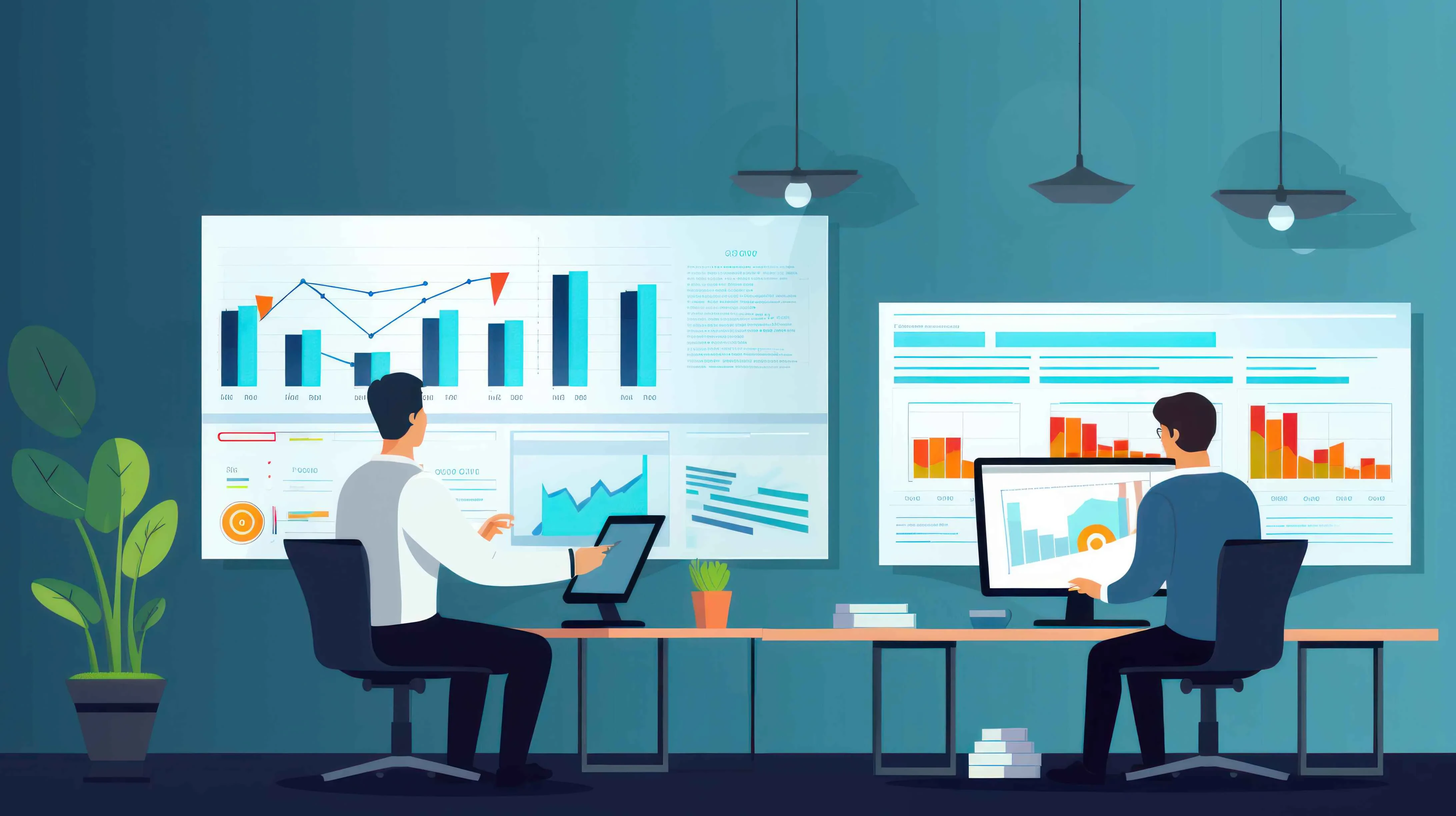 Zwei Personen arbeiten an Schreibtischen mit Monitoren, große Bildschirme zeigen Diagramme und Charts – Fokus auf Datenanalyse und Business Intelligence