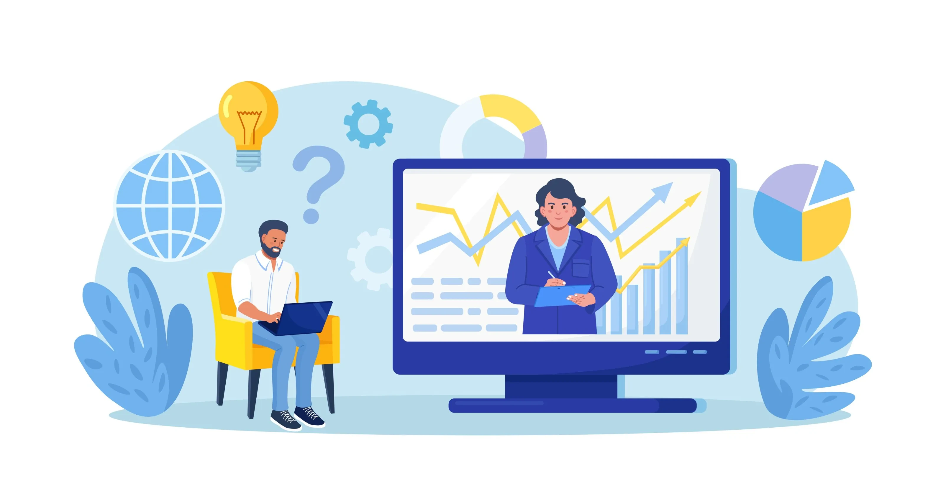 Illustration mit Person am Laptop und Präsentation auf großem Bildschirm – Symbole für virtuelle Zusammenarbeit, Datenanalyse und Innovation