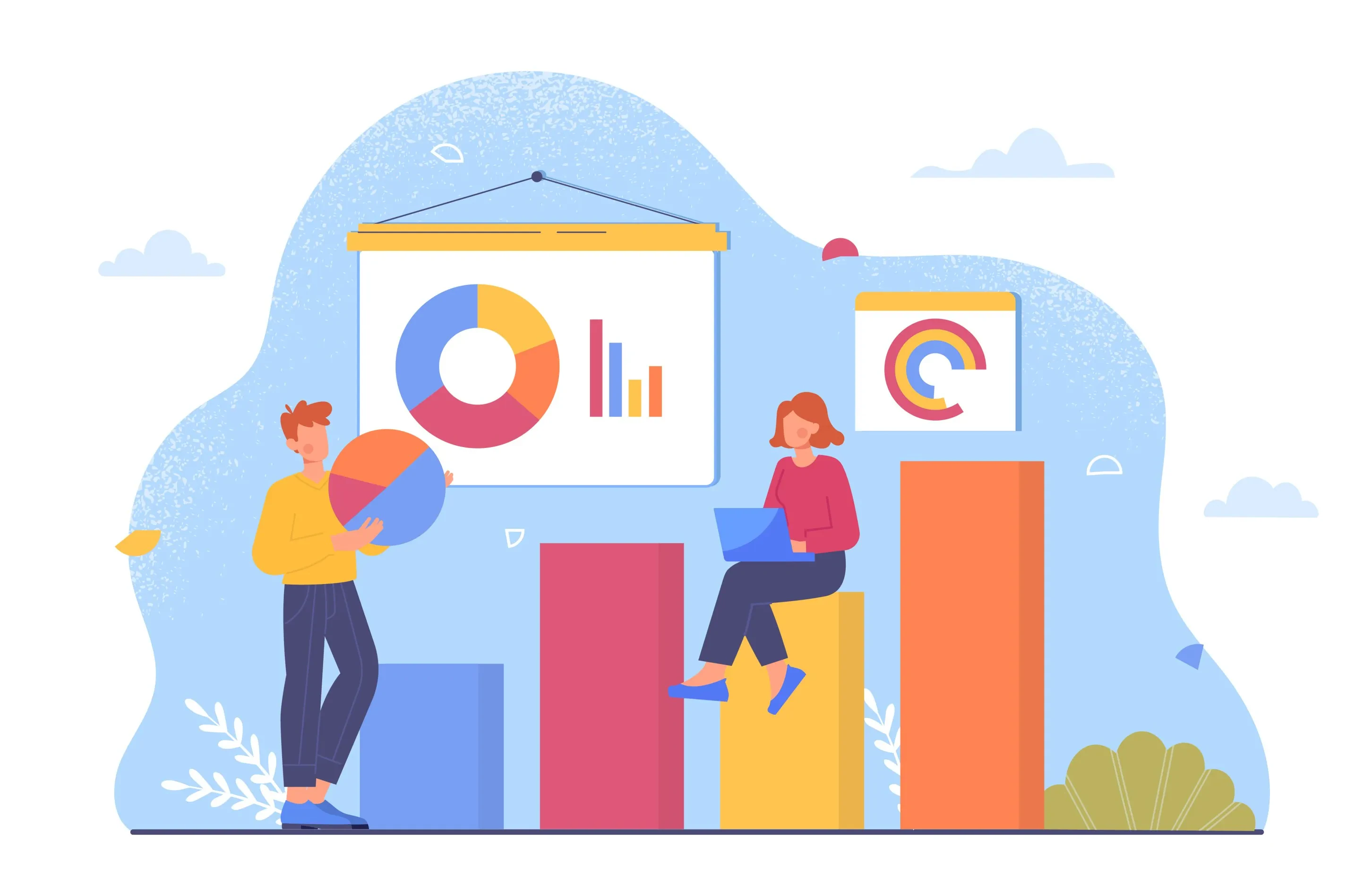 Illustration mit zwei Personen, die Diagramme und Charts präsentieren – Fokus auf Datenanalyse, Teamarbeit und Business-Insights