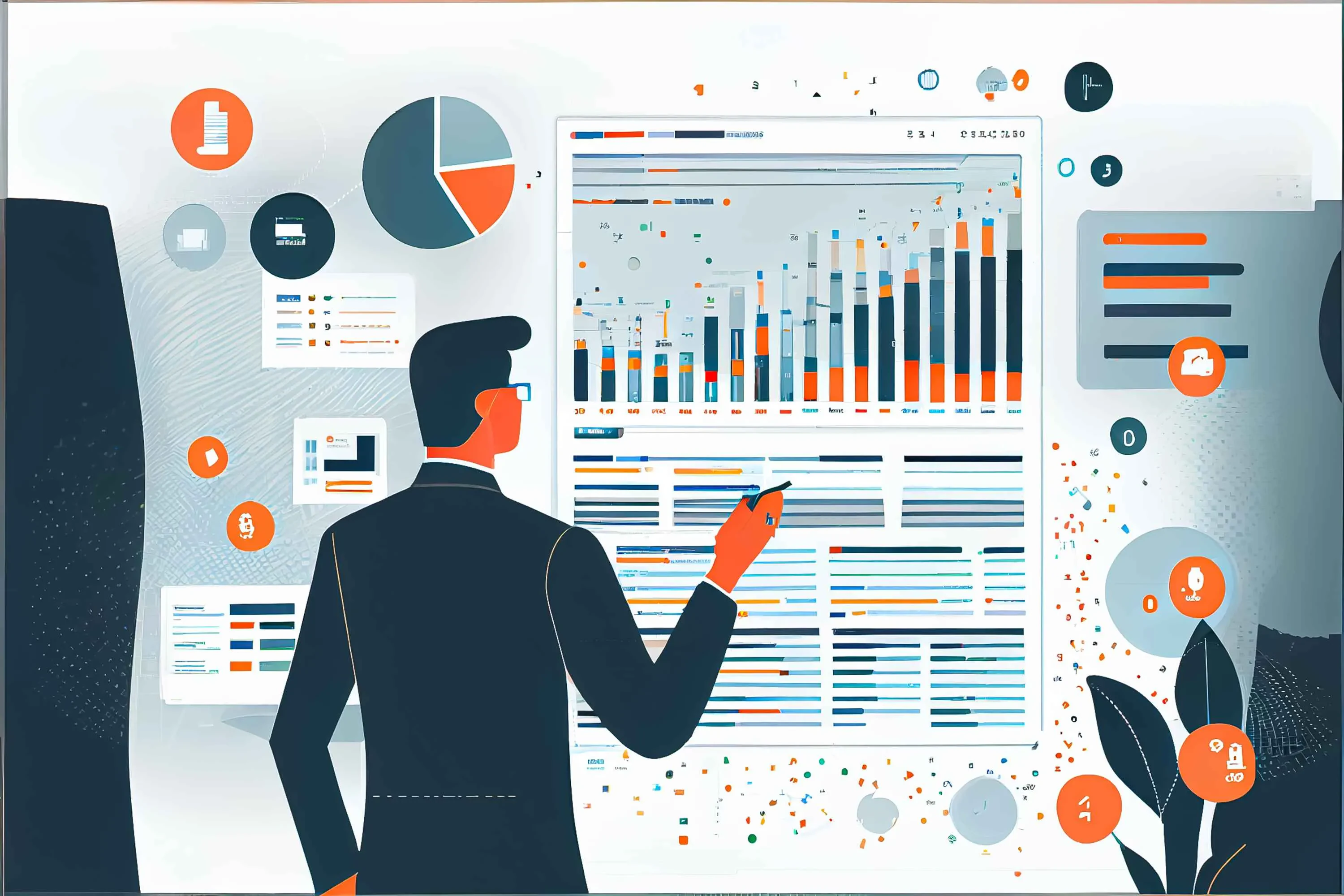 Business-Illustration mit Person vor großem Dashboard voller Diagramme und Charts – Fokus auf Datenanalyse und Performance-Metriken
