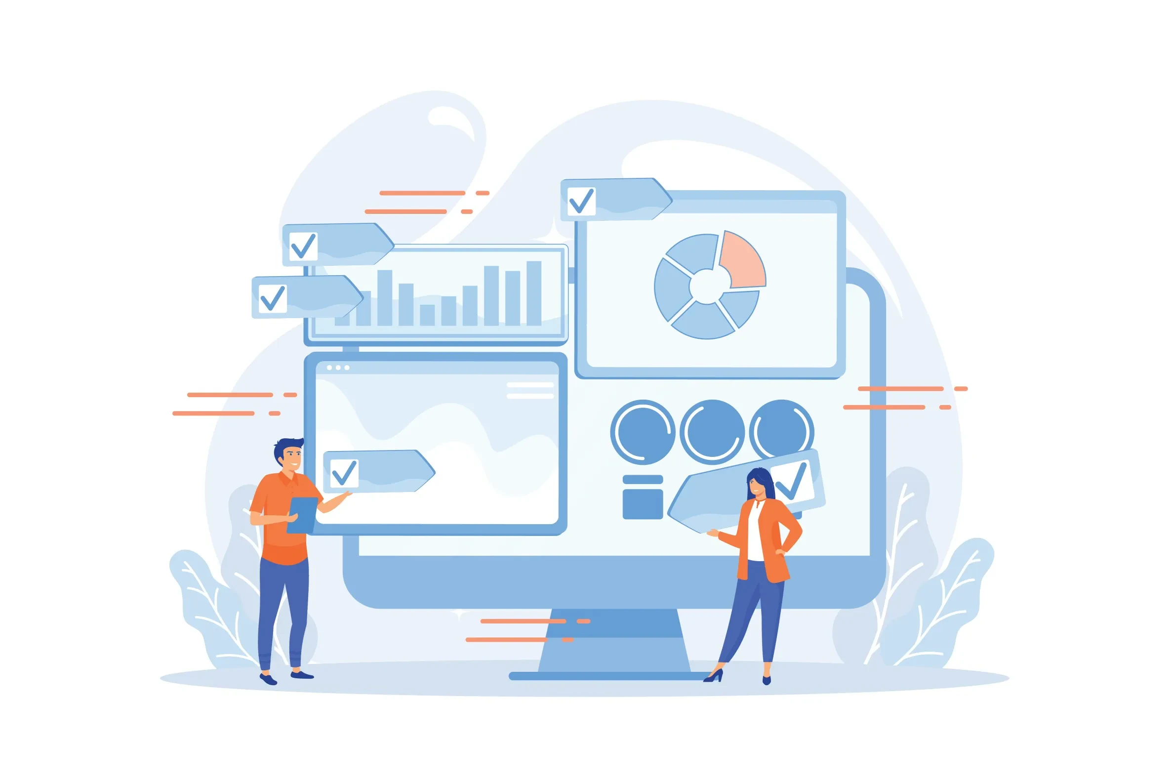 Zwei Personen interagieren mit großem Monitor voller Diagramme und Charts – Darstellung von Datenanalyse und digitaler Zusammenarbeit