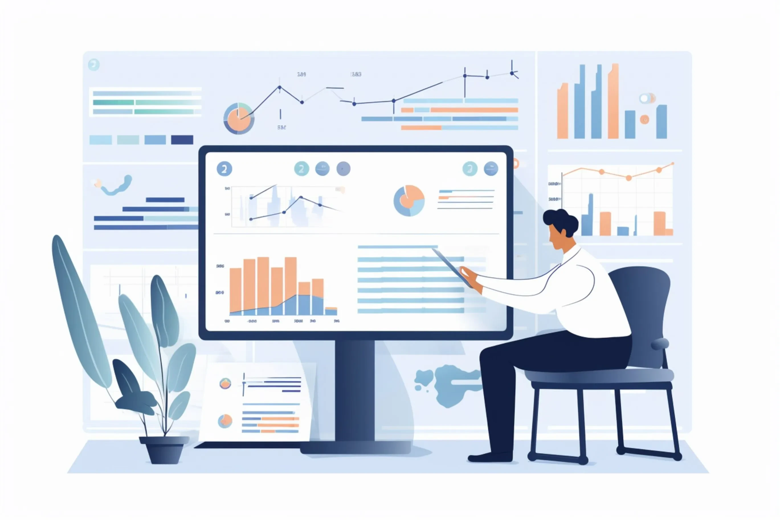 Person zeigt auf großen Bildschirm mit Diagrammen und Grafiken – Fokus auf Datenanalyse, Business Intelligence und Performance-Tracking