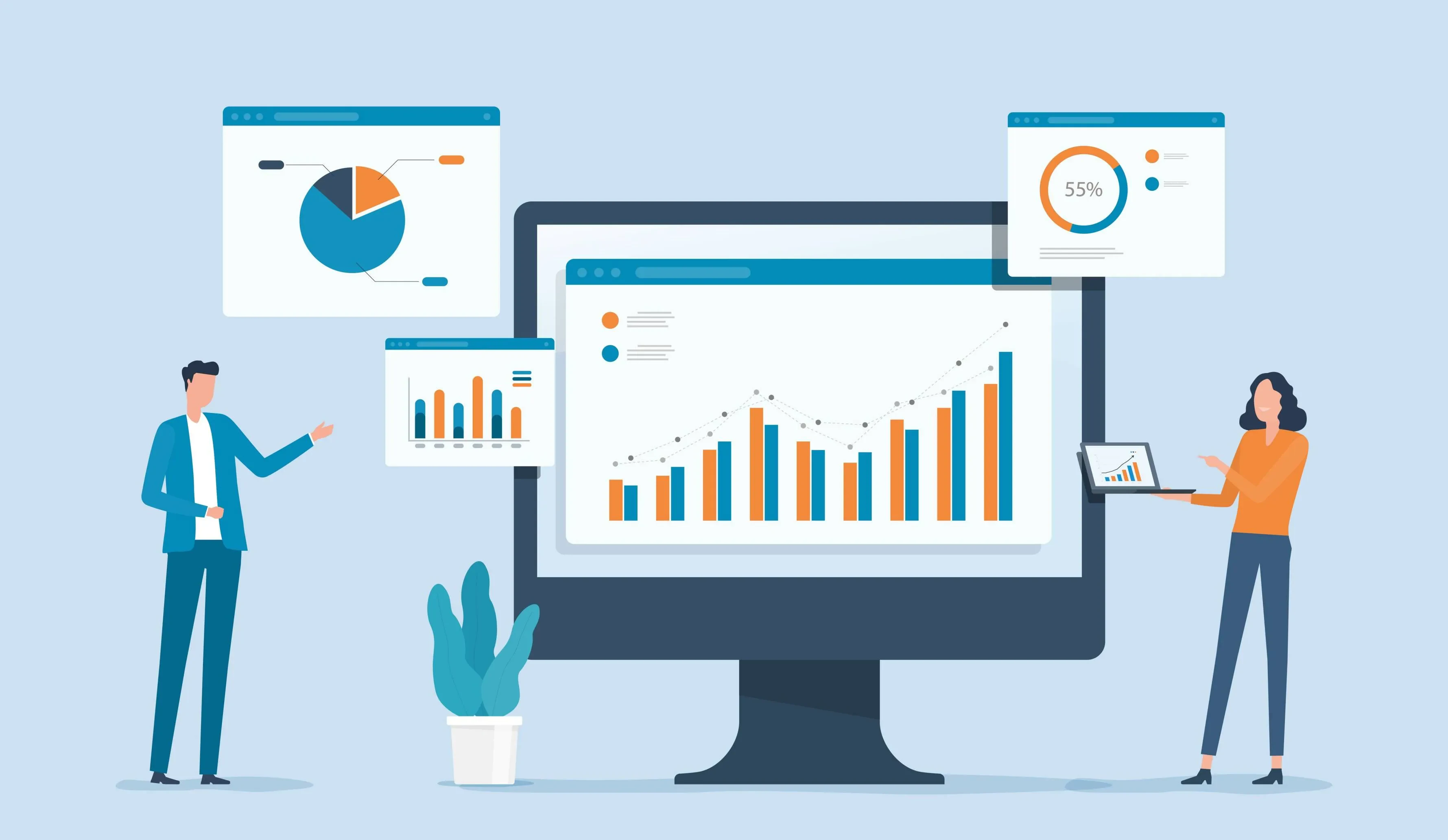 Illustration mit Monitor und Diagrammen, zwei Personen präsentieren und analysieren Daten – Fokus auf Business-Analytics und Performance-Tracking