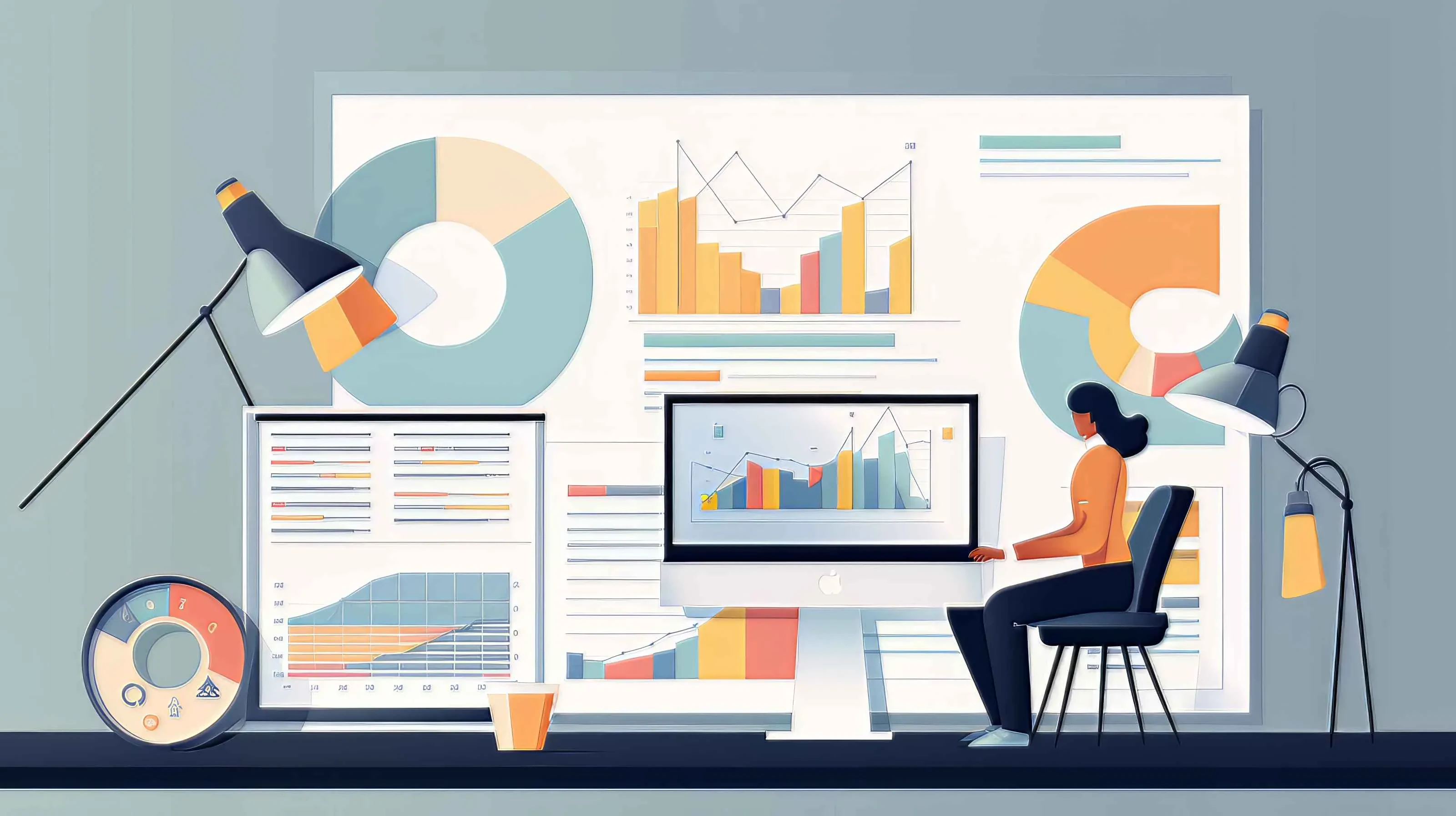 Person am Schreibtisch analysiert Diagramme und Charts – Projektdaten und Business-Analysen