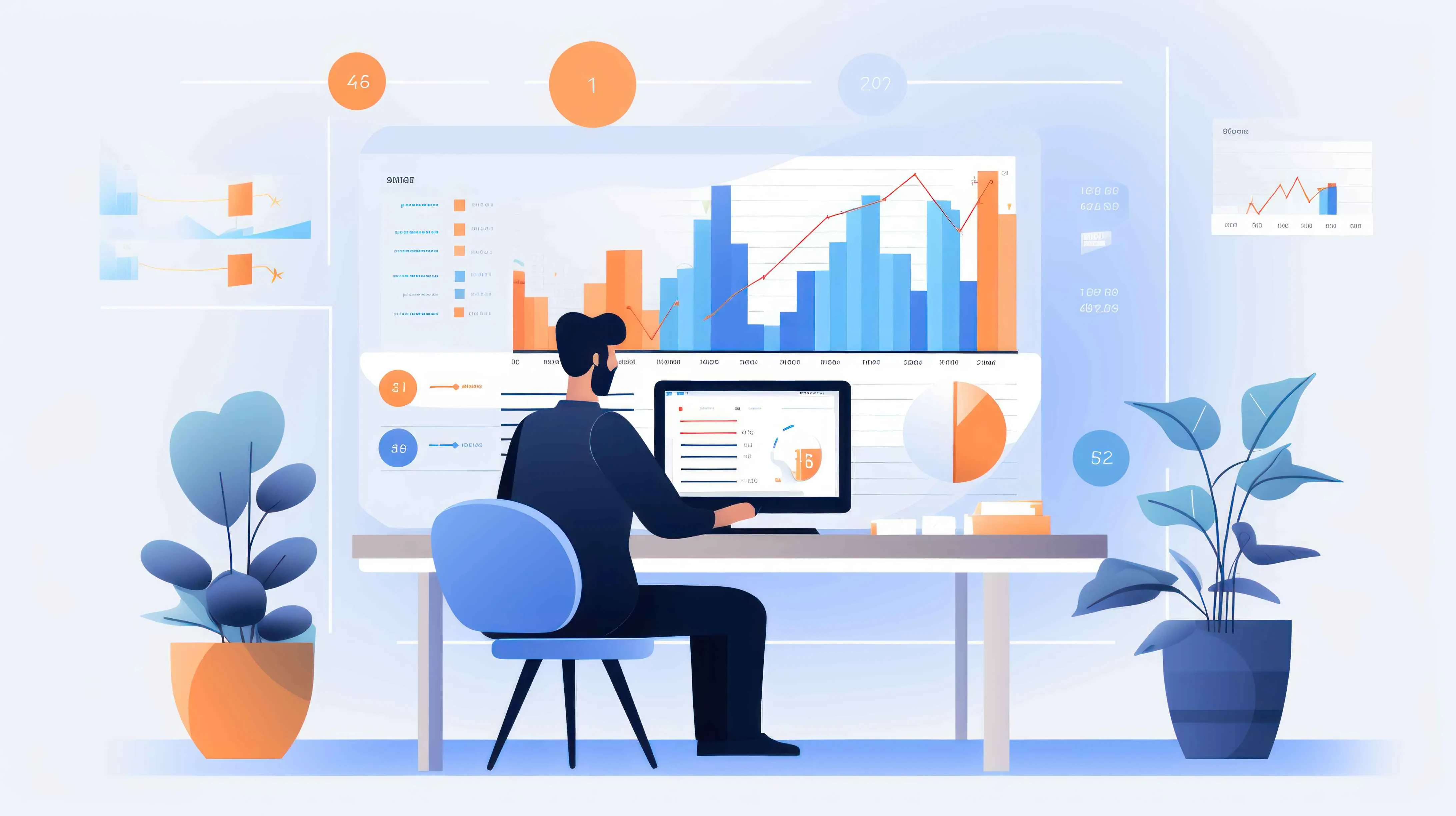 Person analysiert Diagramme auf Monitor und Bildschirmwand – Projektdaten und Business-Intelligence