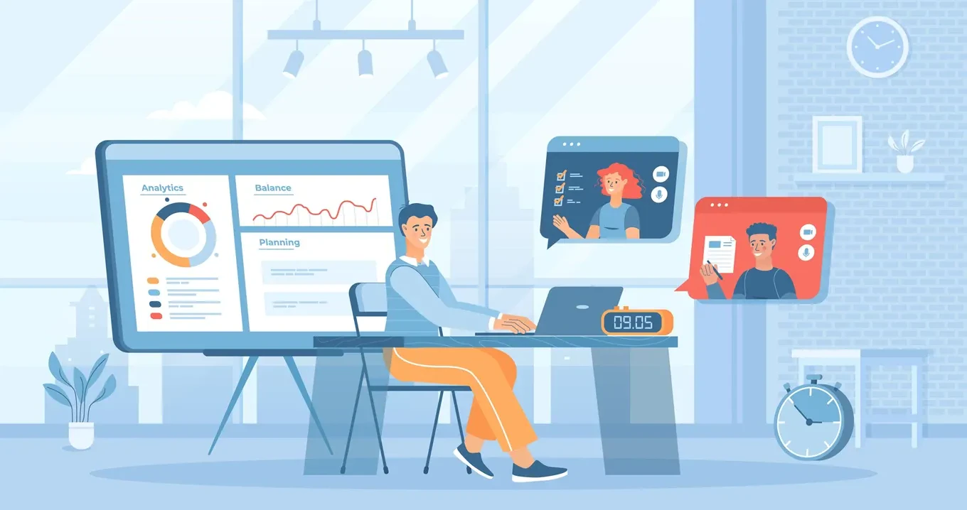 Person im Büro bei virtueller Besprechung mit Diagrammen zu Analytics, Balance und Planung – Darstellung von digitaler Projektarbeit 