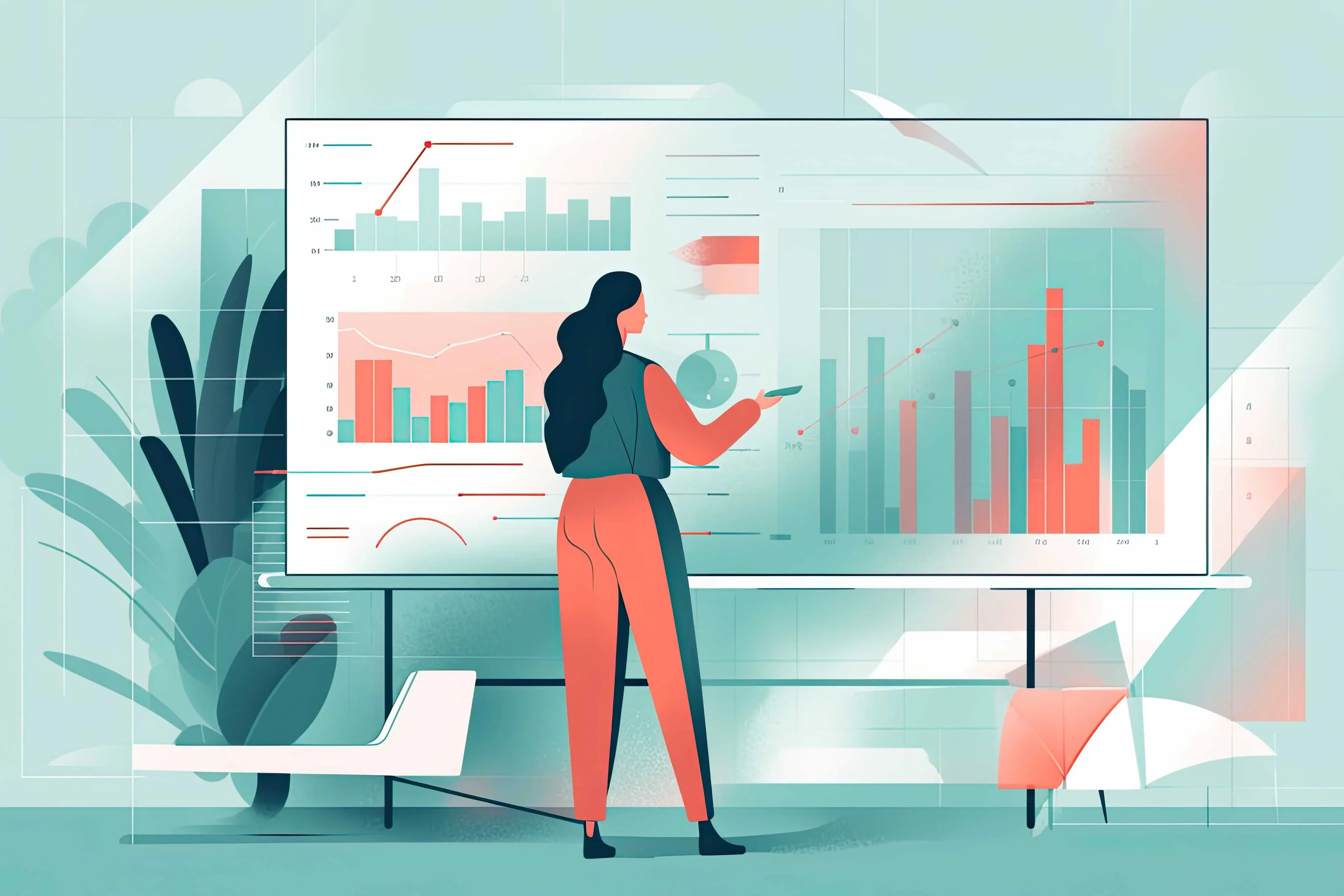 Eine Person steht vor einem großen Bildschirm mit Balken- und Liniendiagrammen und analysiert Projektdaten. Die Szene symbolisiert Datenanalyse, Planung und effizientes Projektmanagement.