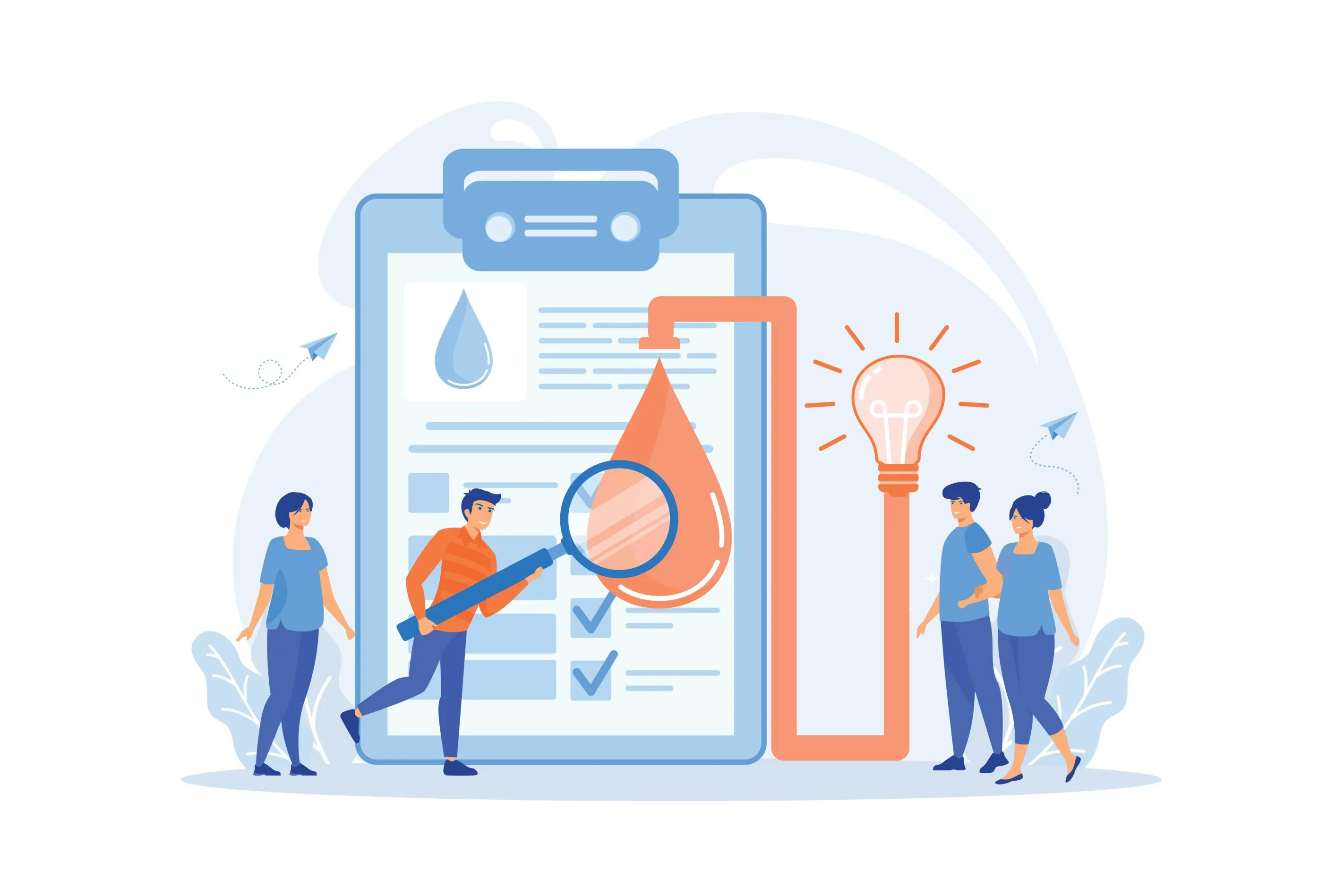 Illustration zur Projektarbeit: Team untersucht Bluttropfen mit Lupe – Fokus auf Analyse, Innovation und Zusammenarbeit