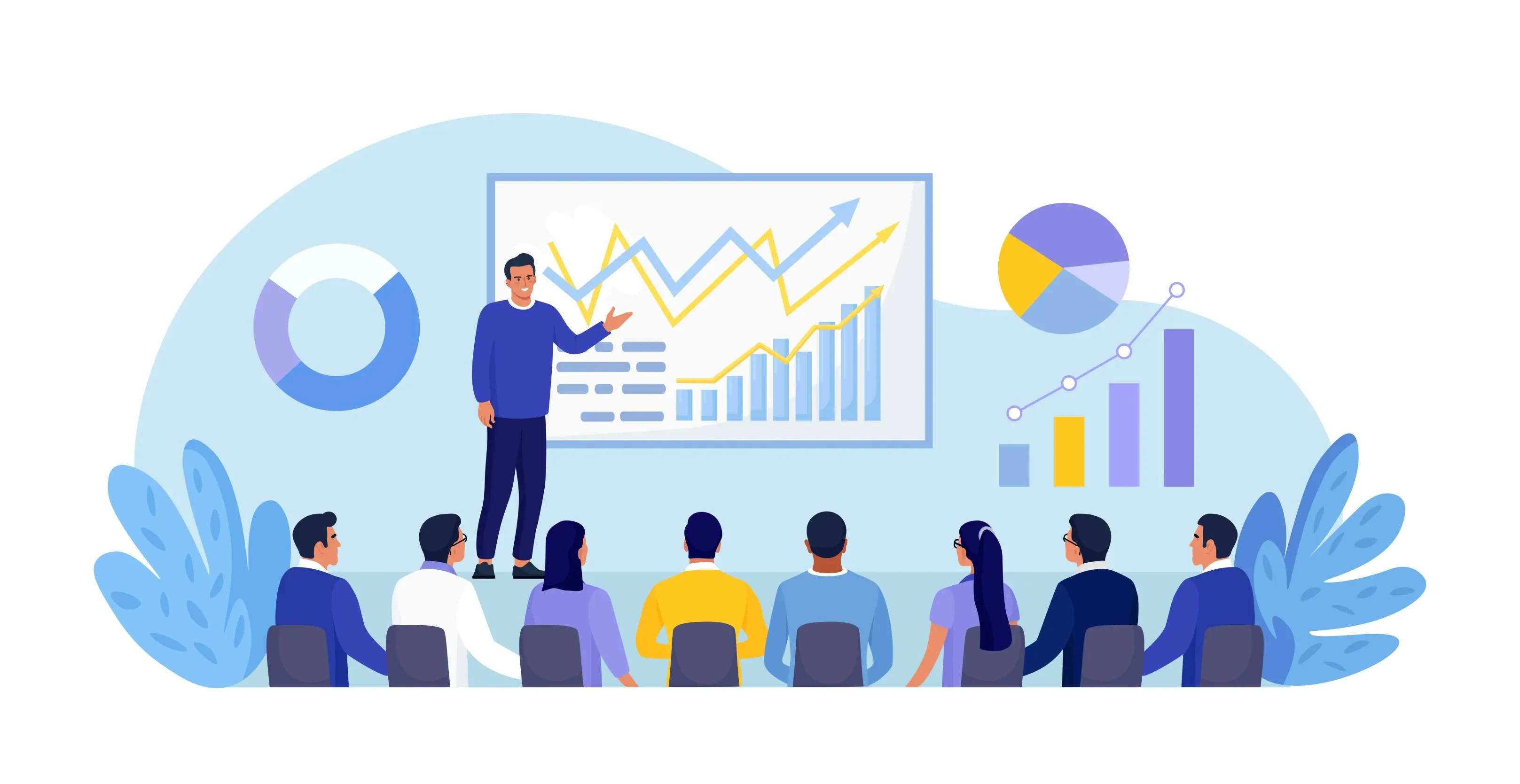 Business-Präsentation mit Diagrammen: Person zeigt Charts vor Publikum – Fokus auf Datenanalyse und Strategie