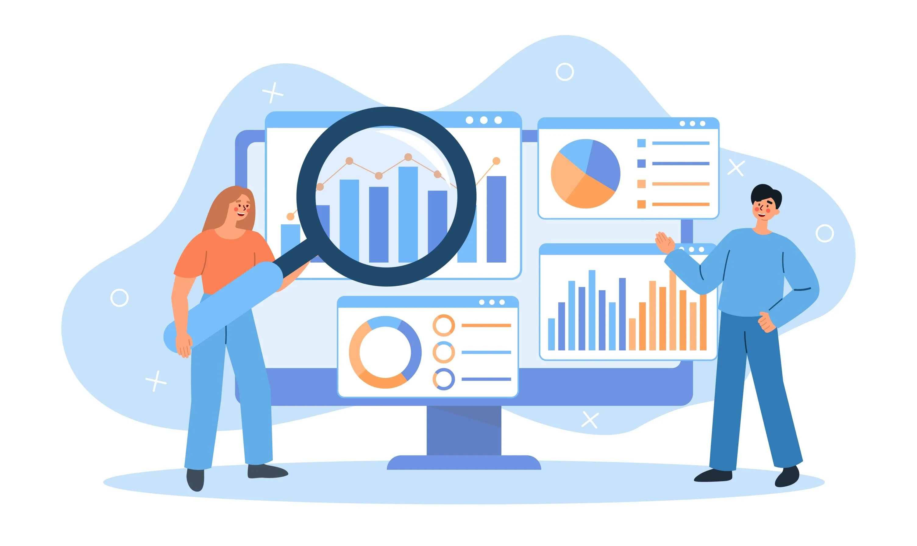 Zwei Personen analysieren Diagramme auf großem Monitor – Fokus auf Business-Daten und Performance