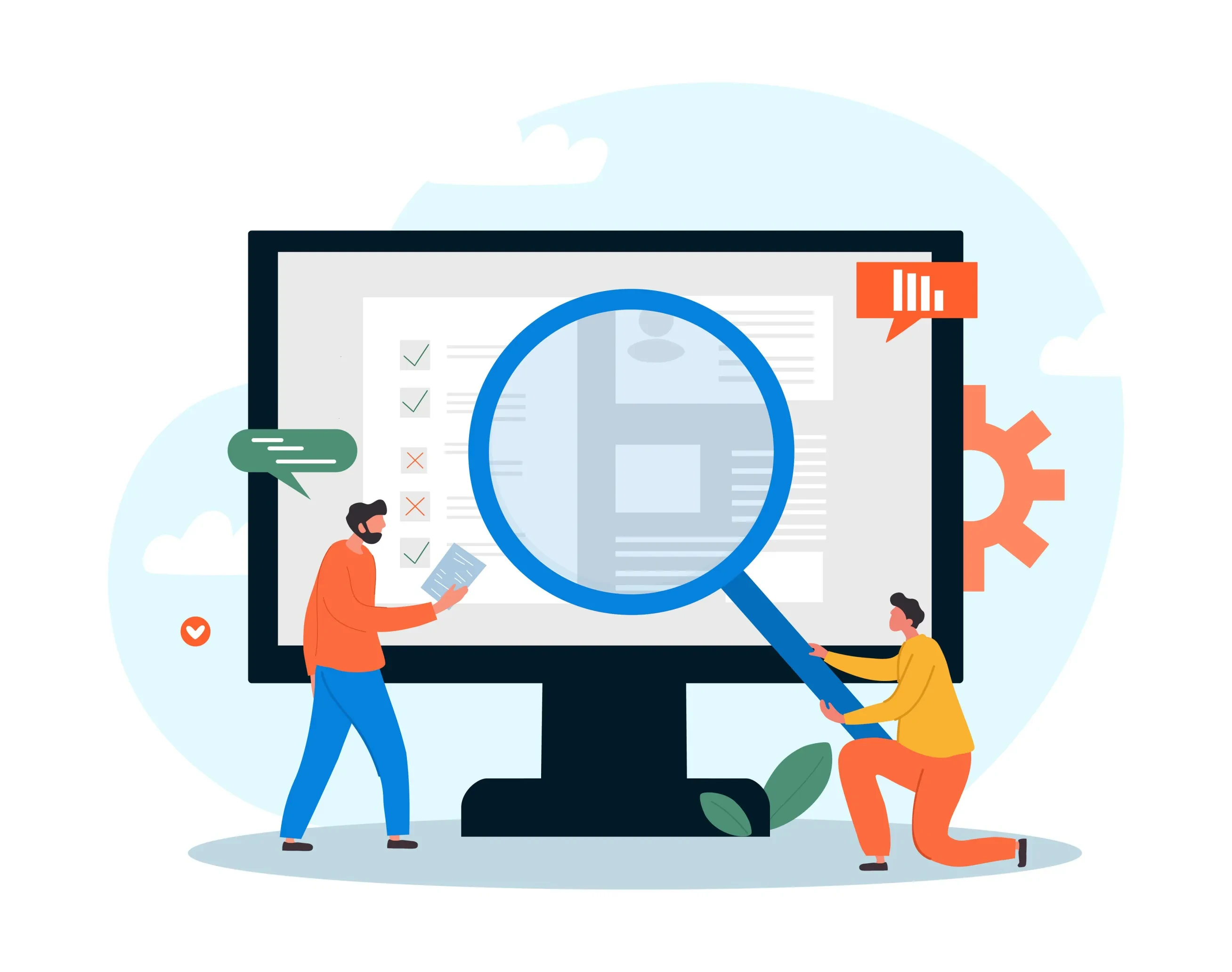 Zwei Personen prüfen Checklisten auf einem Monitor – Symbol für Meilensteinplanung, Qualitätssicherung und Datenanalyse