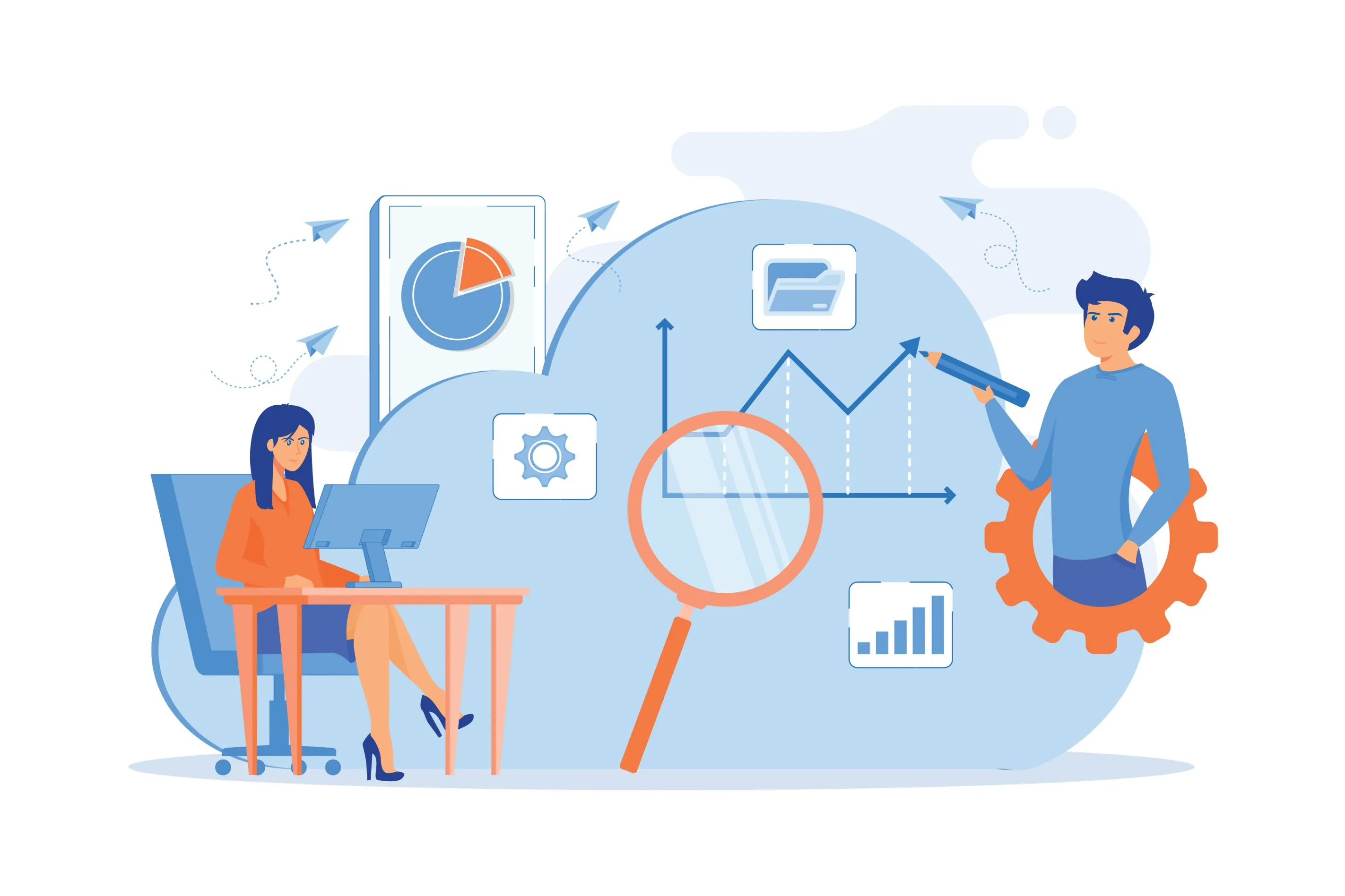 Business-Illustration mit Laptop, Diagrammen und Analyse-Symbolen – Fokus auf Daten und Performance