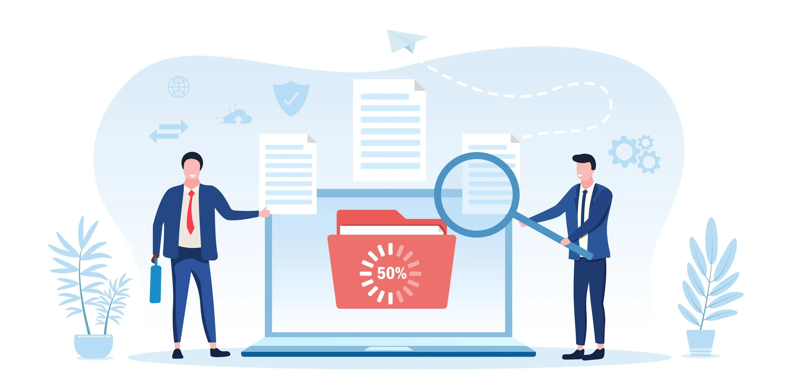 Illustration mit zwei Personen neben großem Laptop, auf dem ein Ordner mit Fortschrittsanzeige und Dokumenten dargestellt ist – Fokus auf Datenmanagement und Analyse