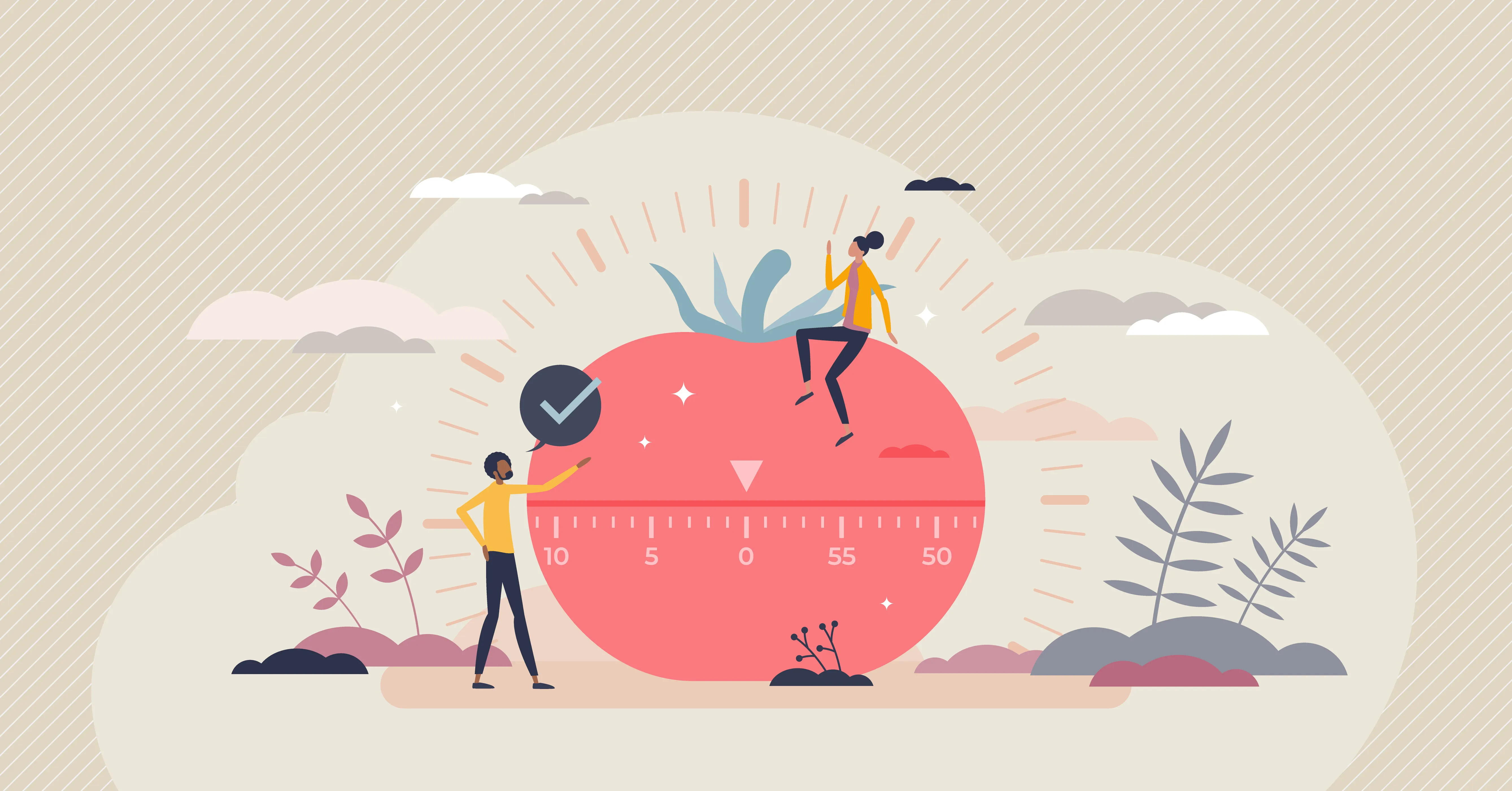 Illustration of two people interacting with a large tomato-shaped timer, symbolizing time management and productivity