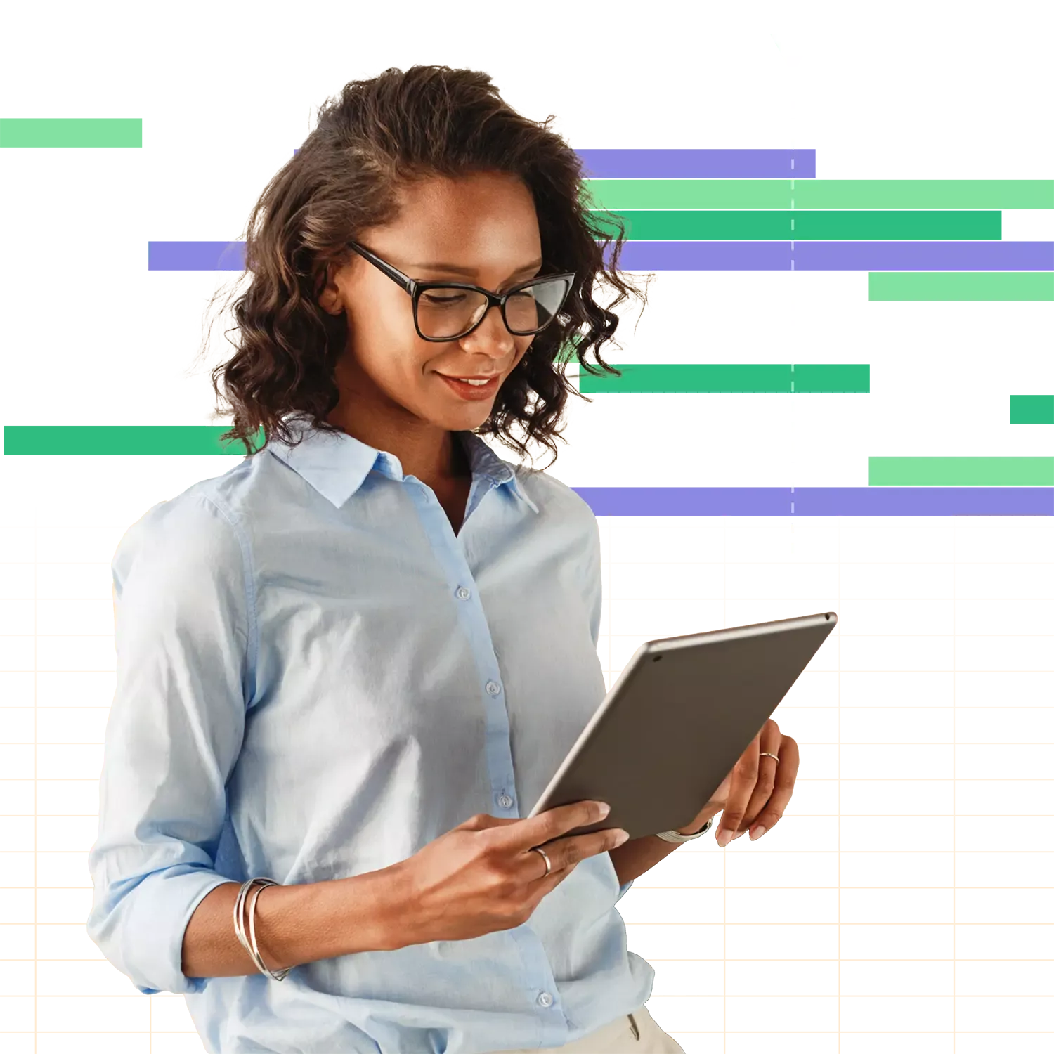 Person mit Tablet vor stilisiertem Zeitstrahl – Symbol für digitale Projektsteuerung und visuelle Ressourcenplanung