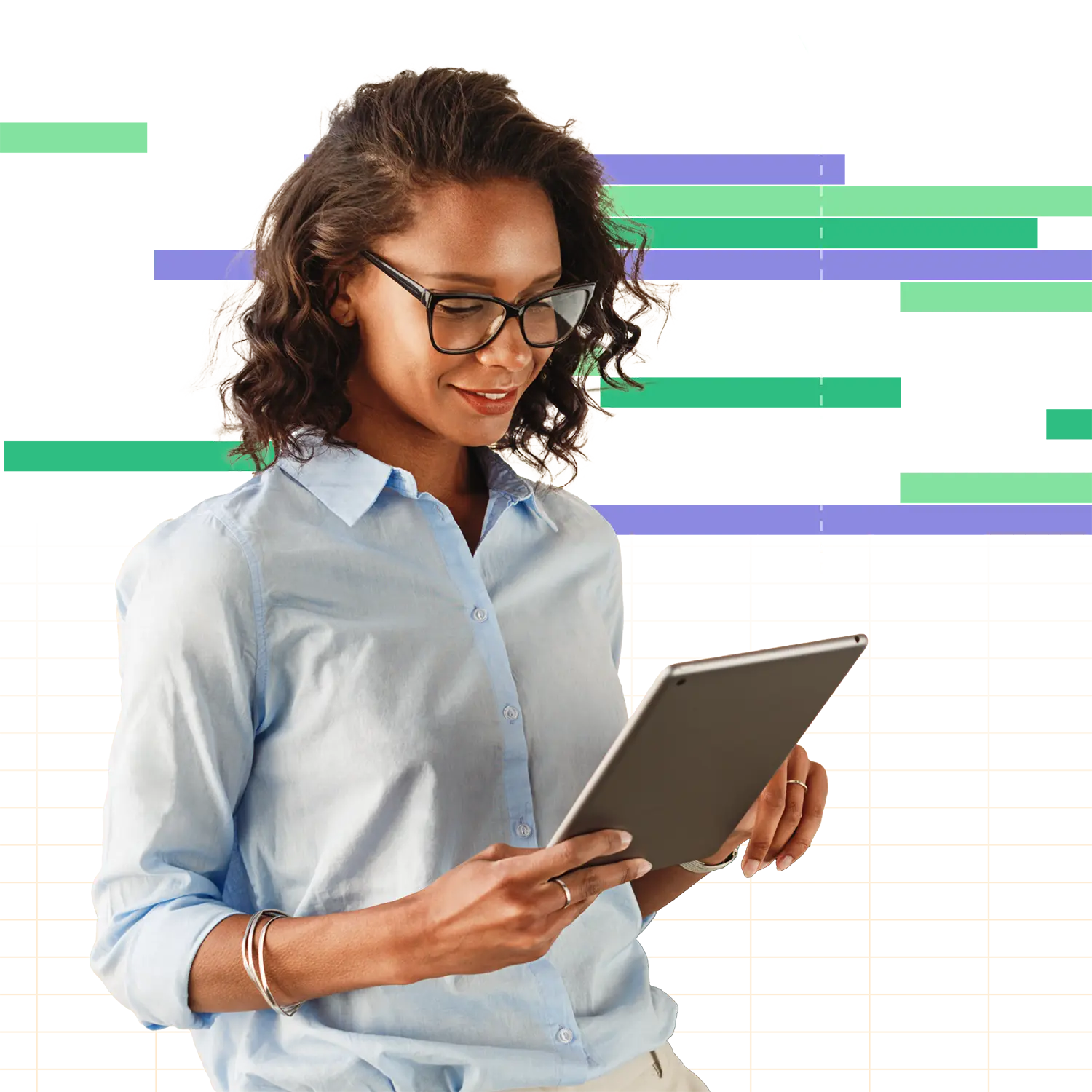 Person mit Tablet vor stilisiertem Zeitstrahl – Symbol für digitale Projektsteuerung und visuelle Ressourcenplanung