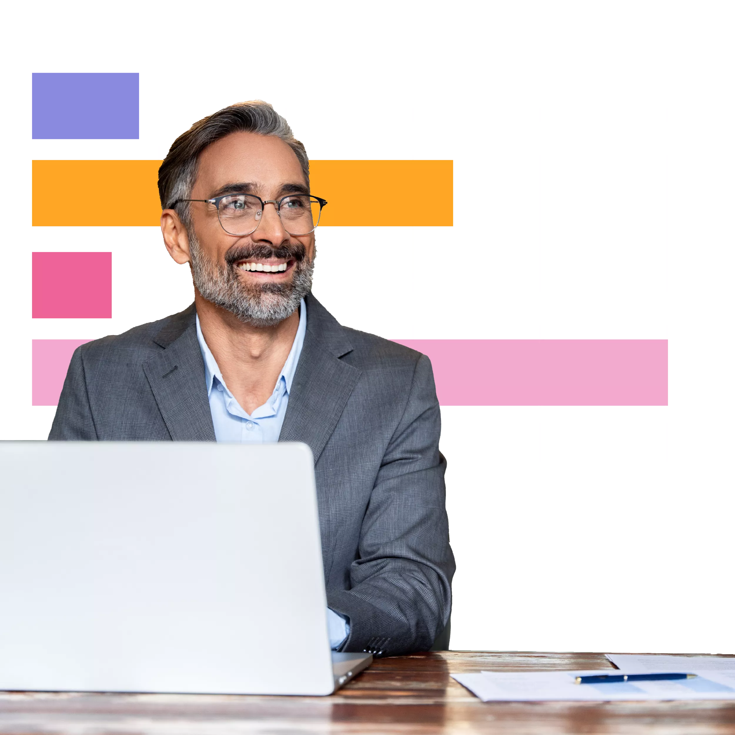 Person mit Laptop vor bunten Balkendiagrammen – Symbol für datenbasiertes Projektmanagement und Business Analytics.