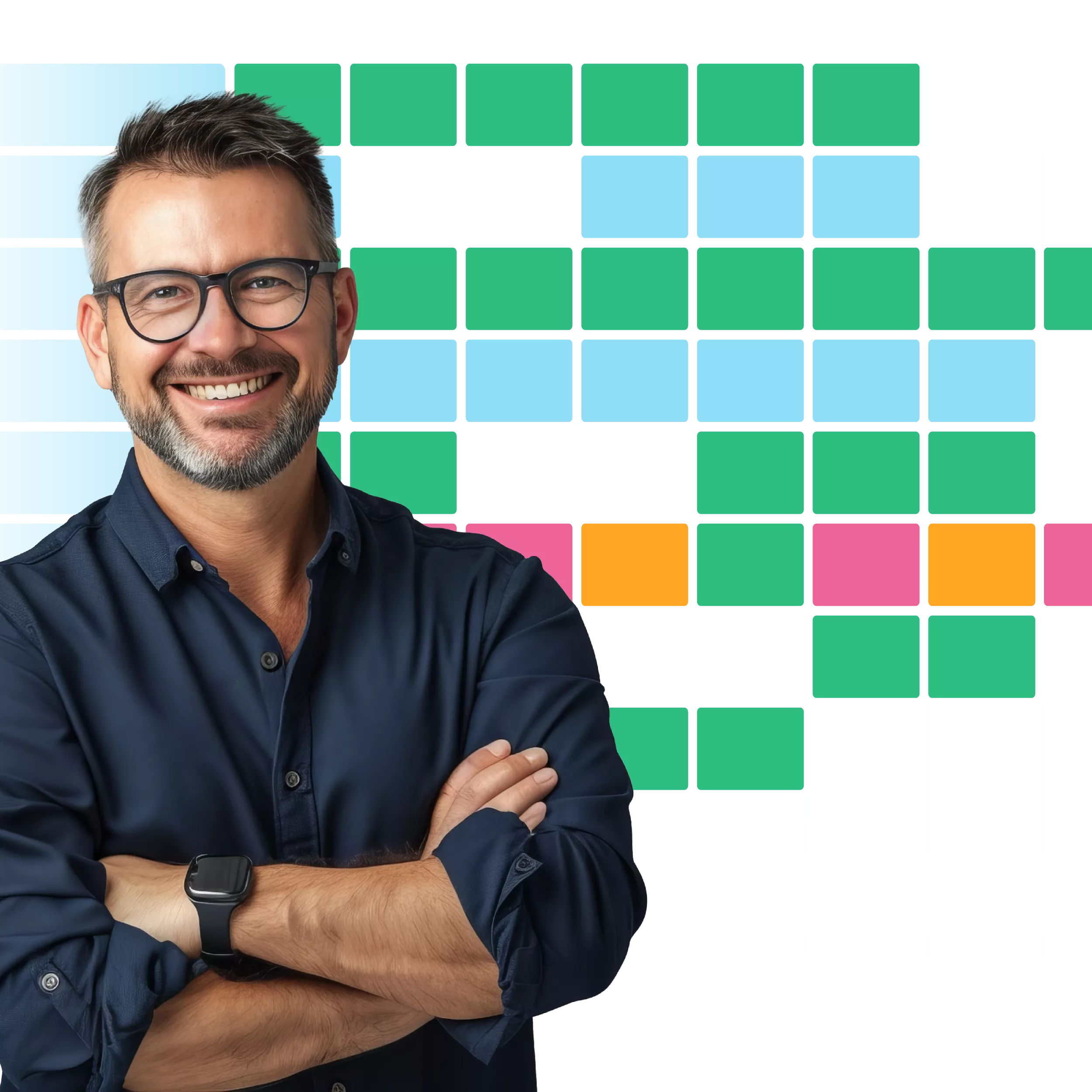 Person mit verschränkten Armen vor buntem Pixelmuster – Symbol für kreative Projektkultur und datenbasierte Arbeitsweise.