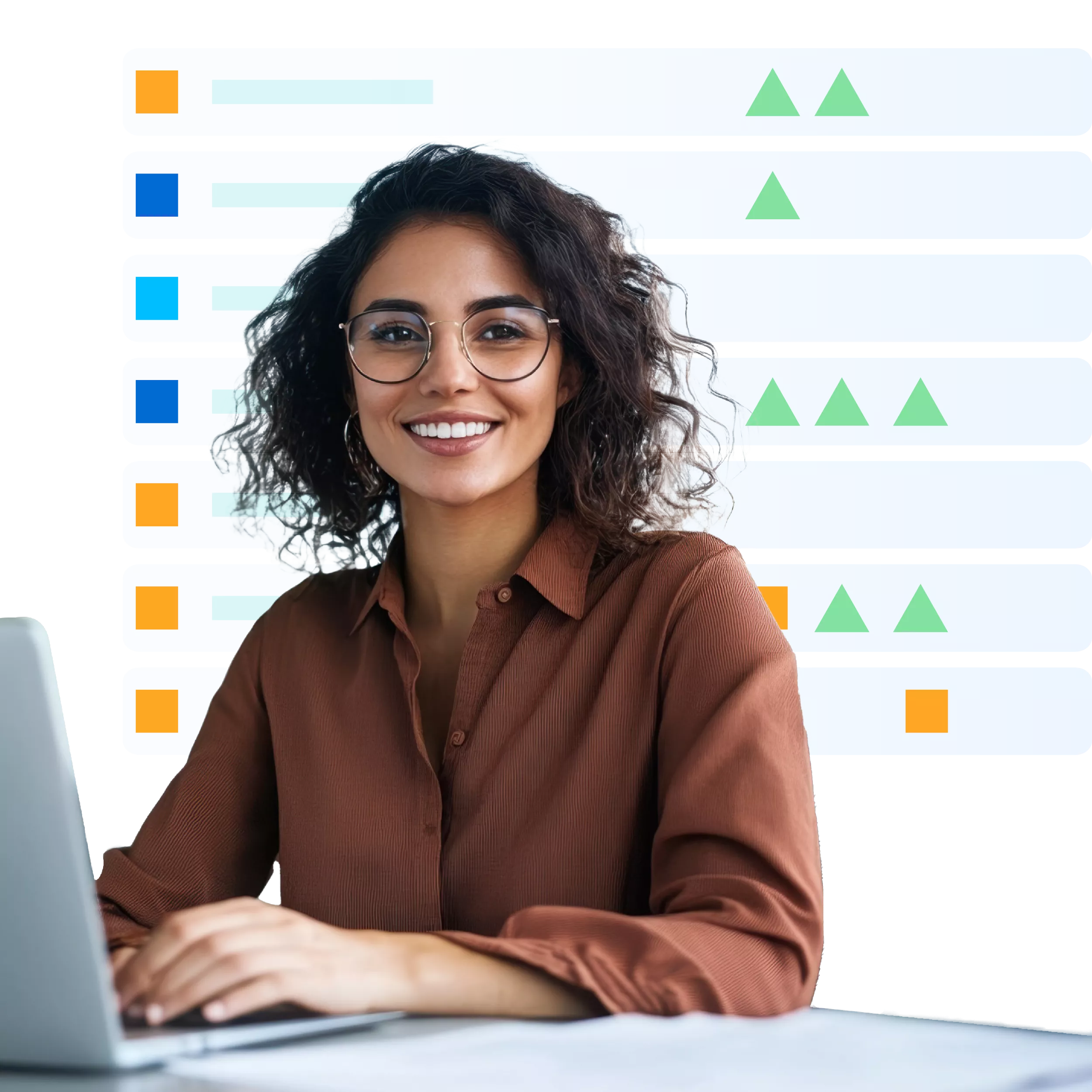 Person am Laptop vor bunten Fortschrittsbalken mit Dreiecken – Symbol für visuelles Projekttracking und datenbasierte Arbeitsweise.